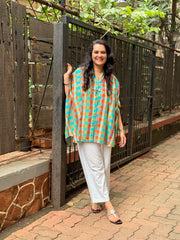 Madras Check Kaftan Kurta - Teal