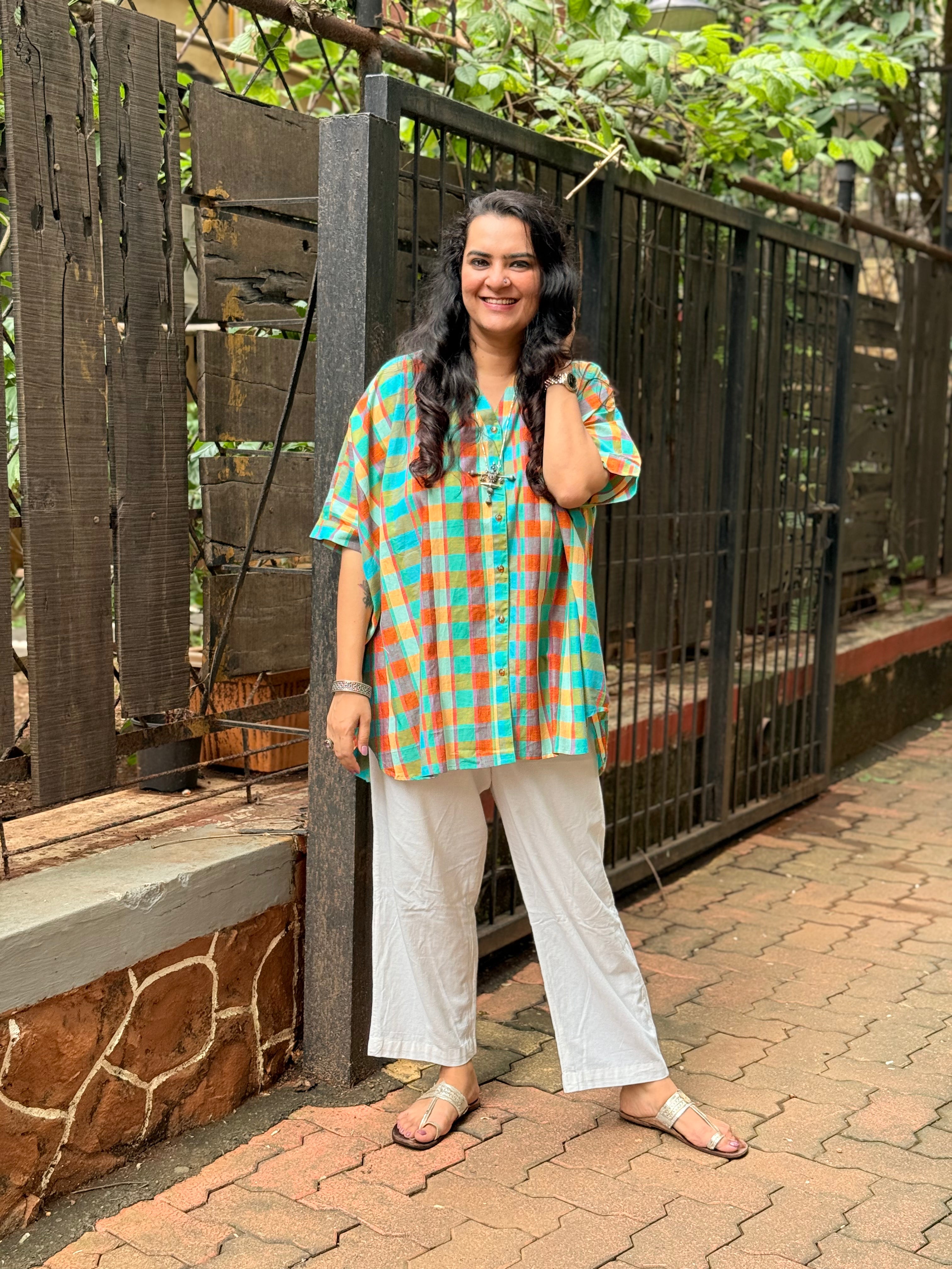 Madras Check Kaftan Kurta - Teal
