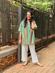 Madras Check Kaftan Kurta - Teal
