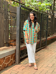 Madras Check Kaftan Kurta - Teal