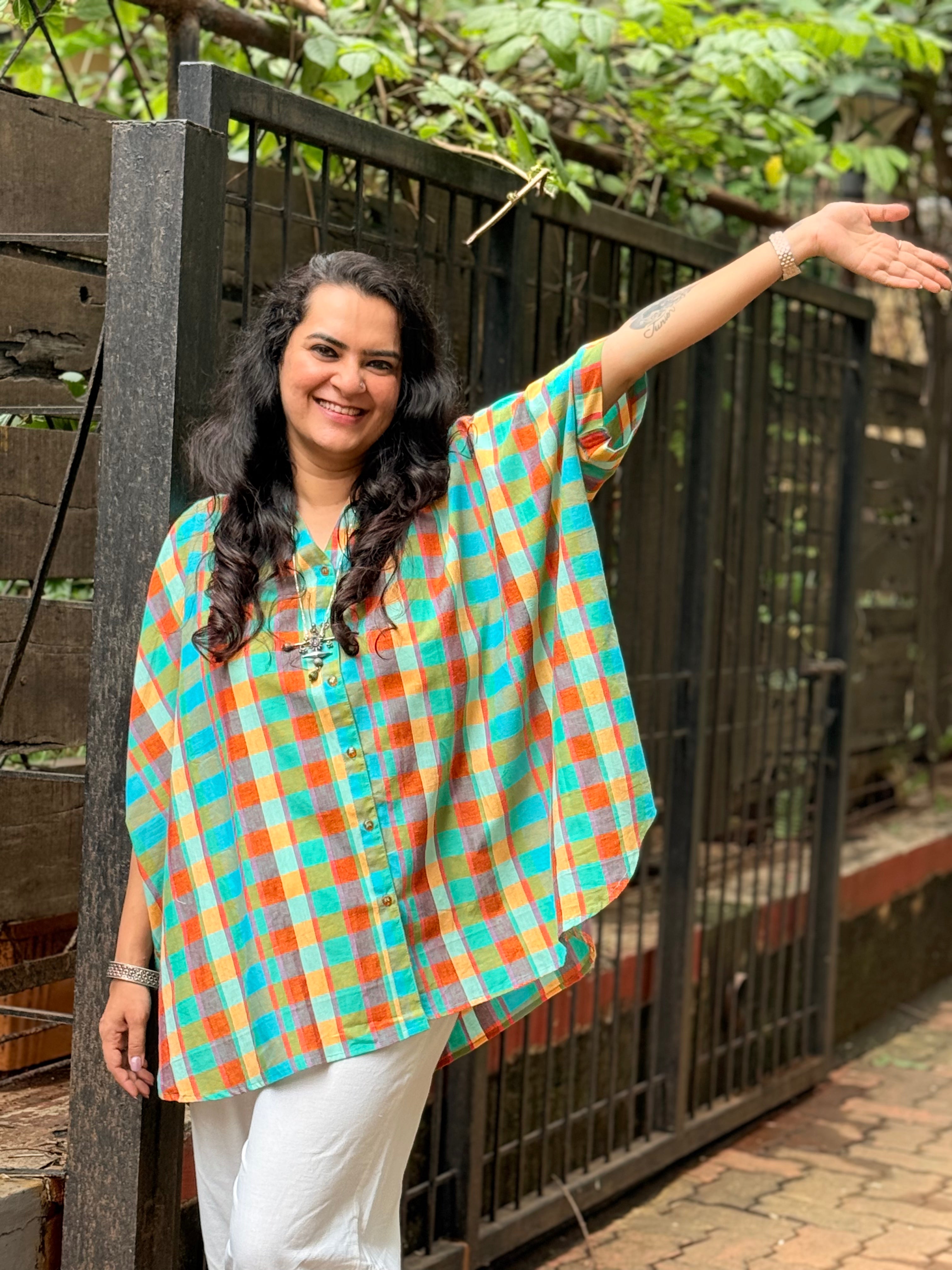 Madras Check Kaftan Kurta - Teal