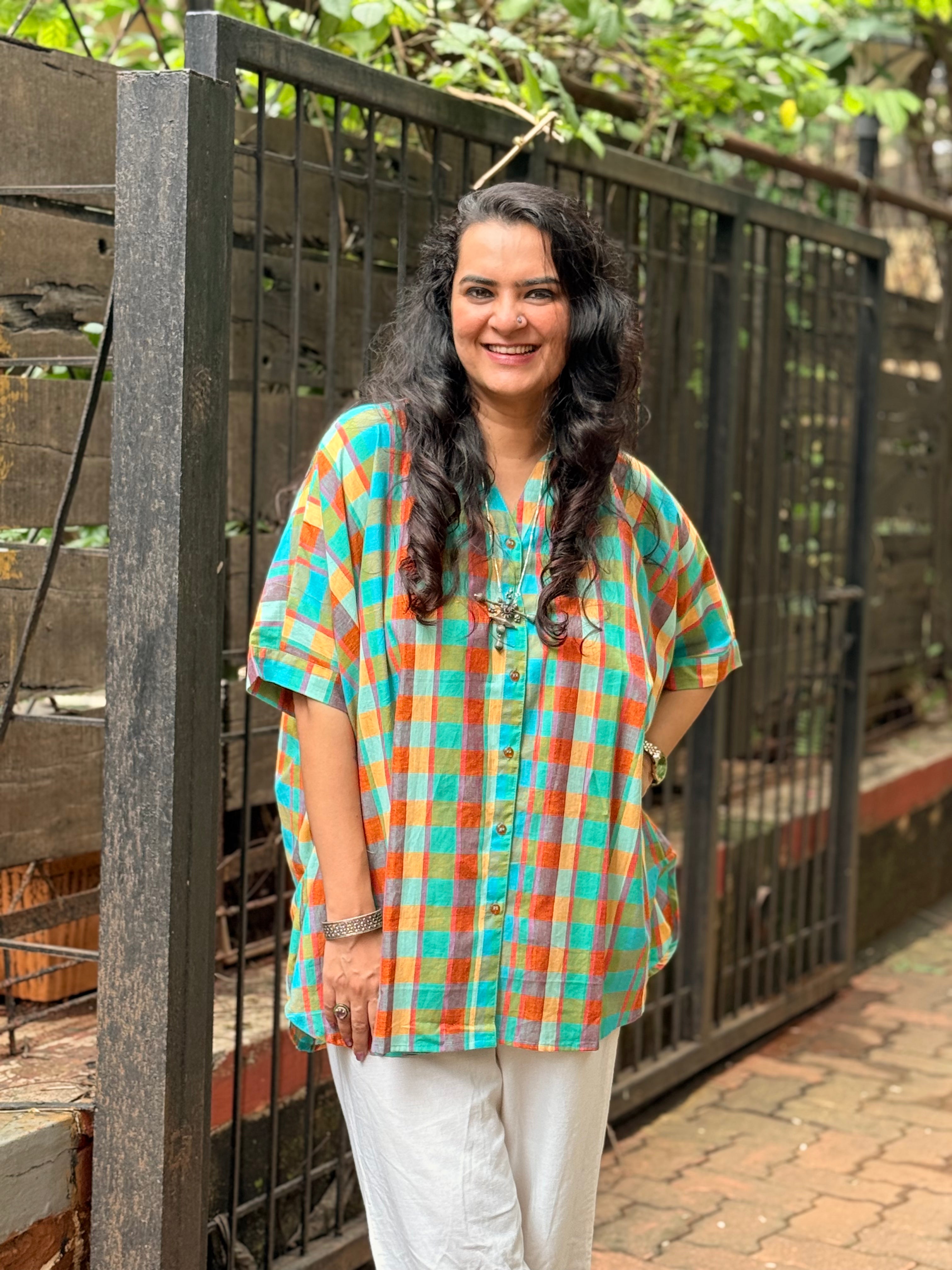 Madras Check Kaftan Kurta - Teal