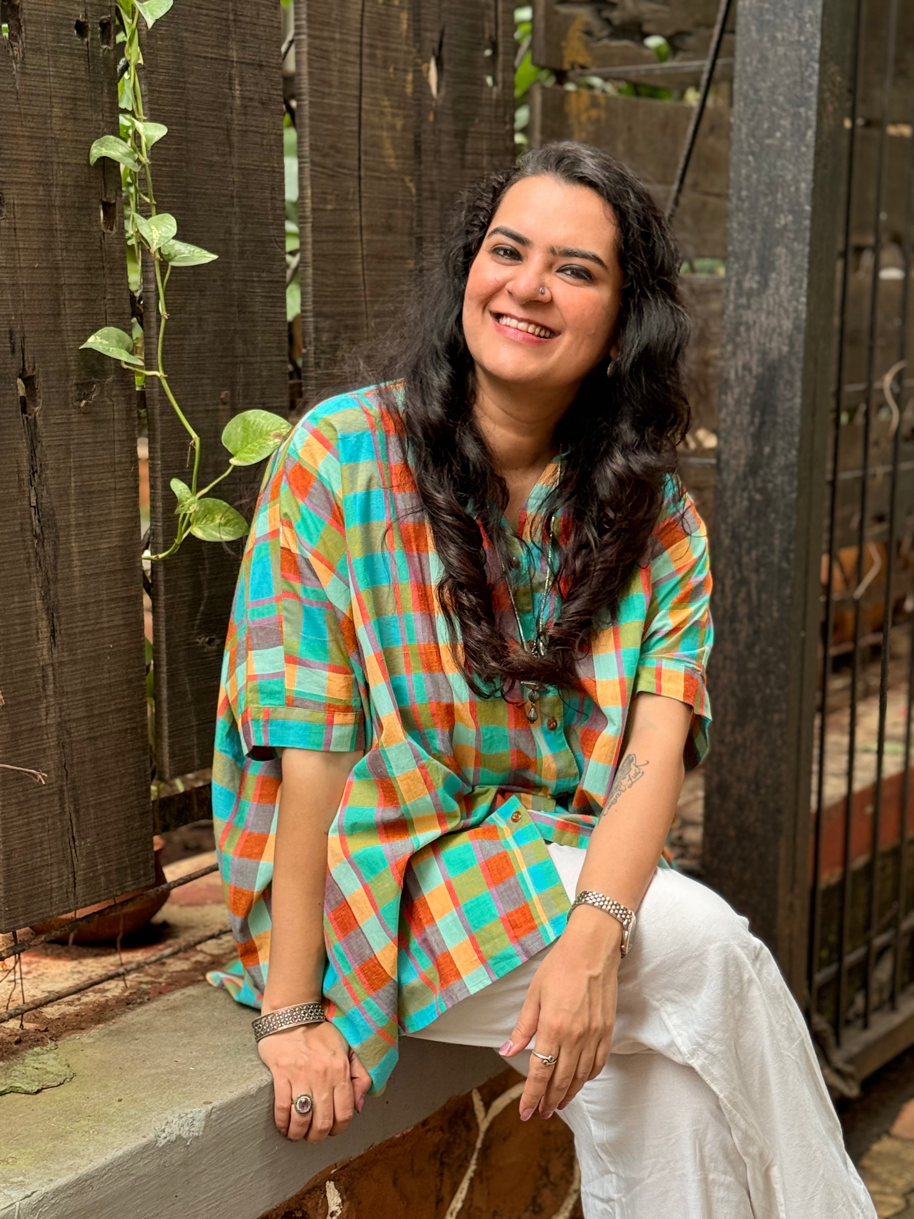 Madras Check Kaftan Kurta - Teal