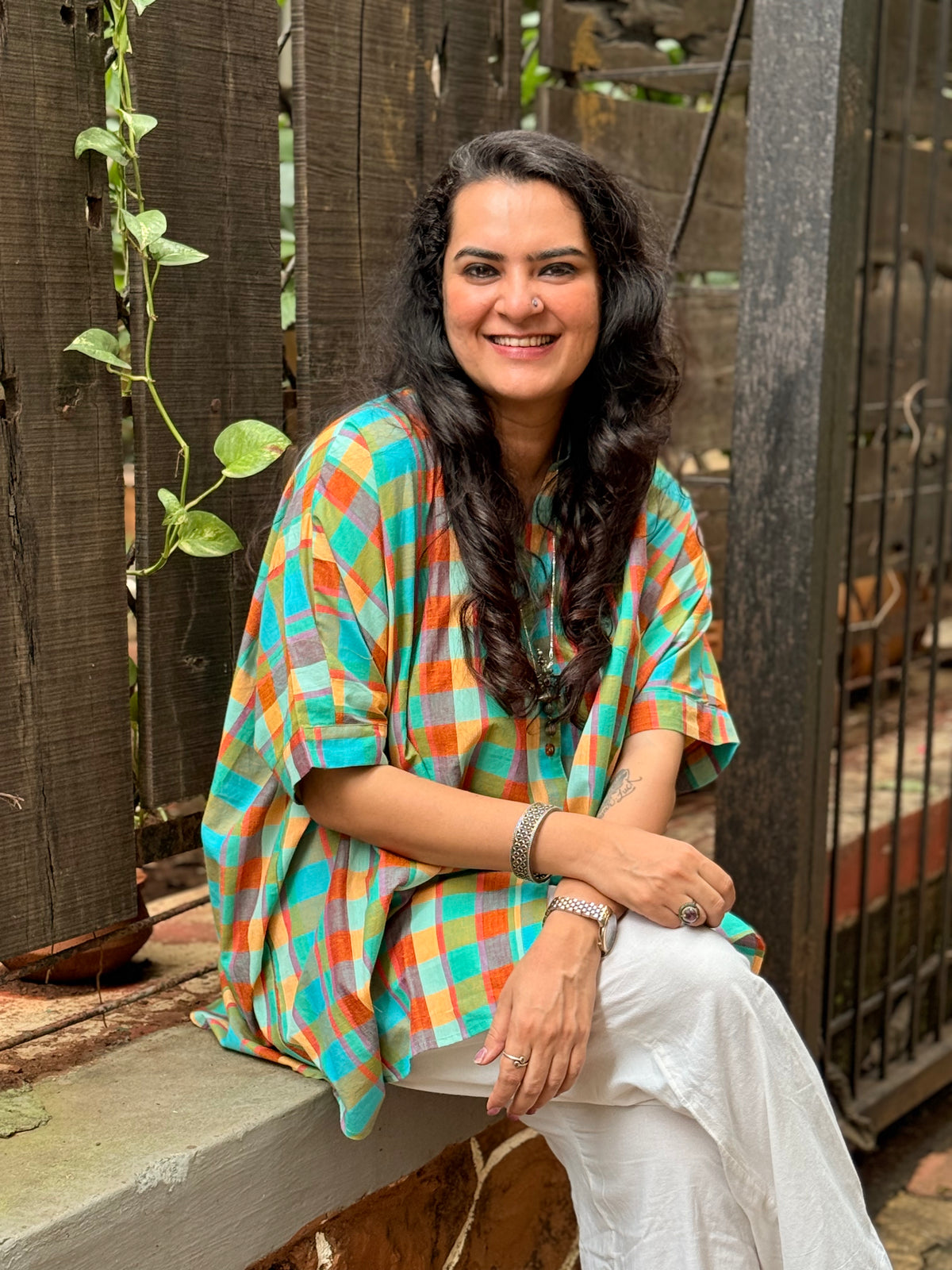 Madras Check Kaftan Kurta - Teal