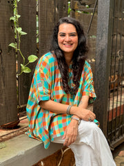 Madras Check Kaftan Kurta - Teal