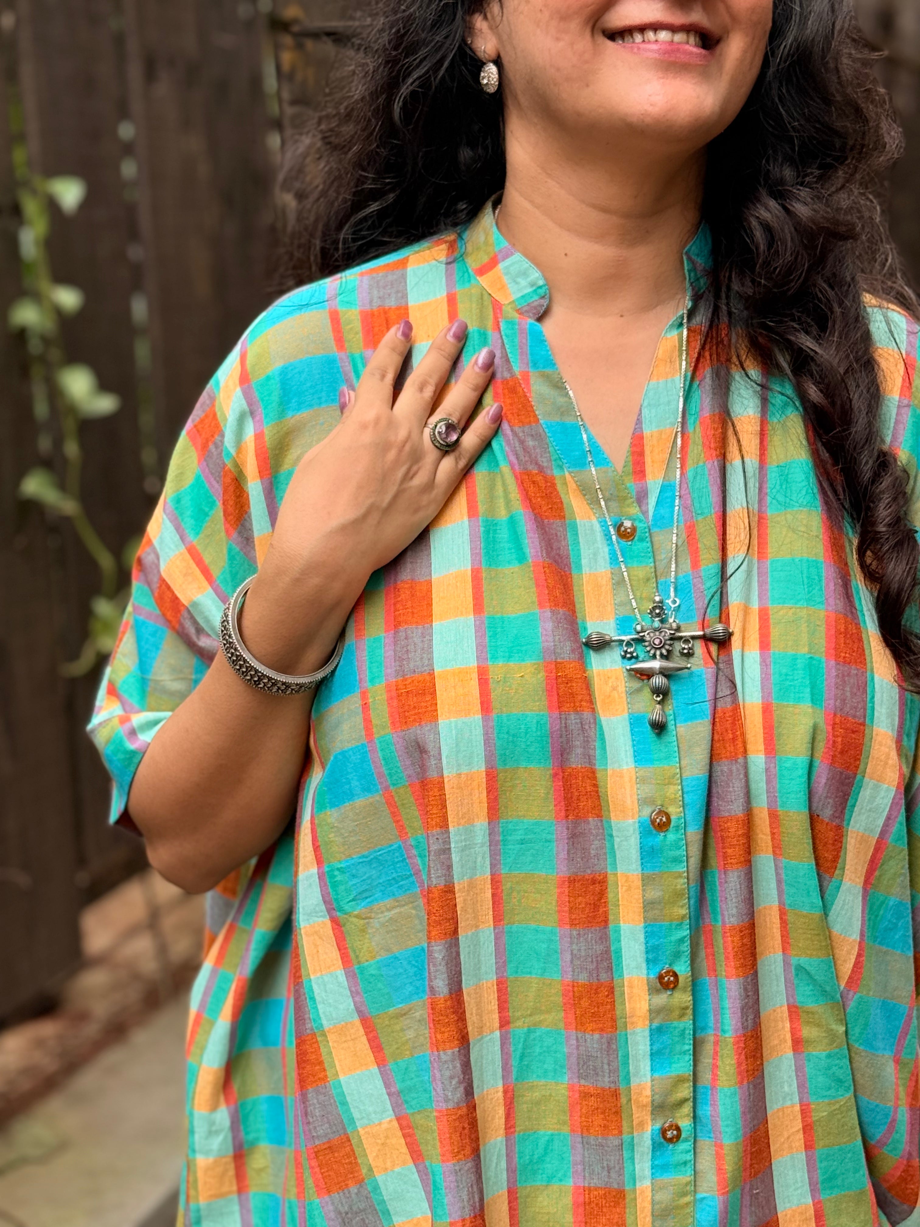 Madras Check Kaftan Kurta - Teal