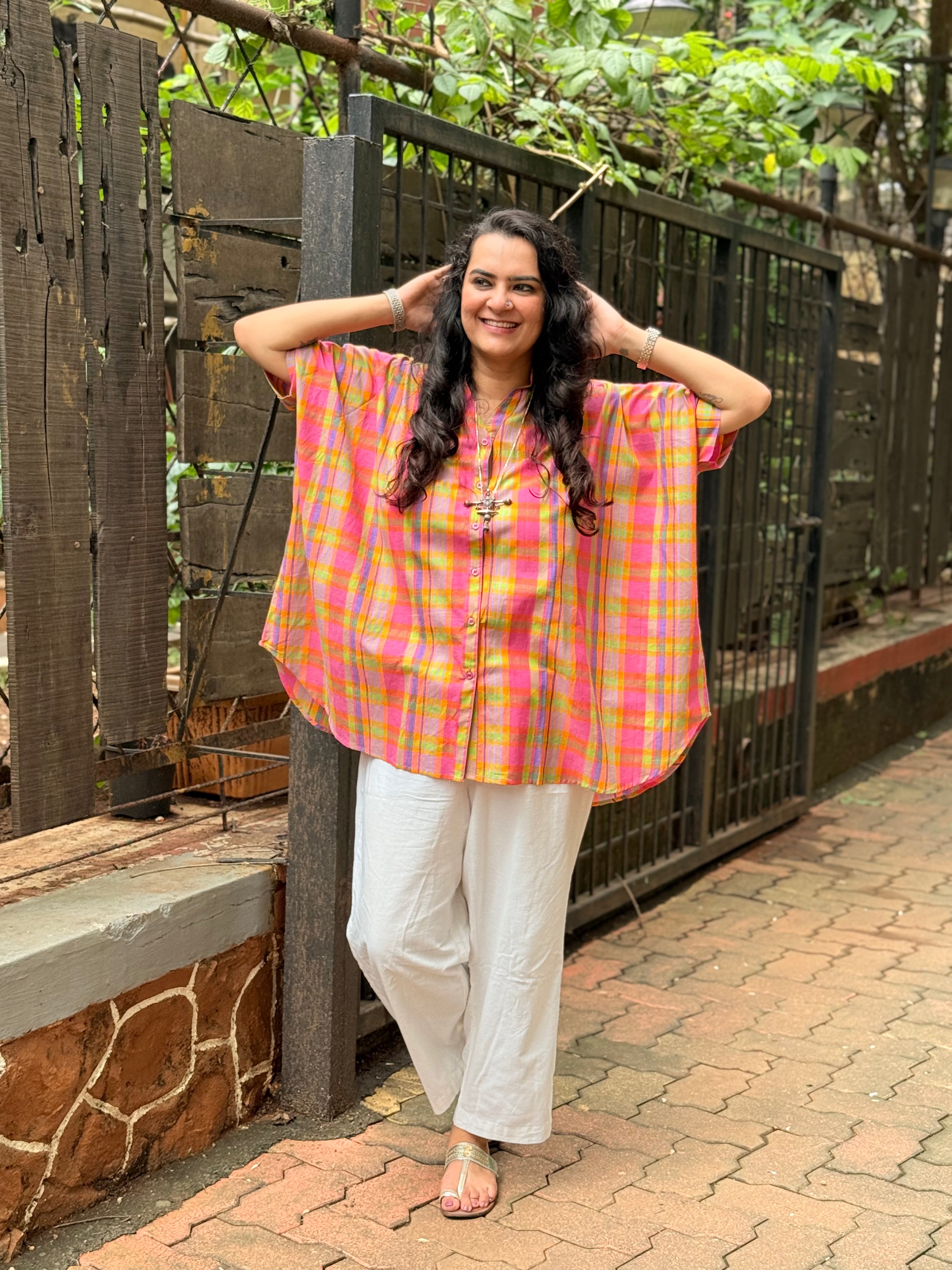 Madras Check Kaftan Shirt - Pastel Neon