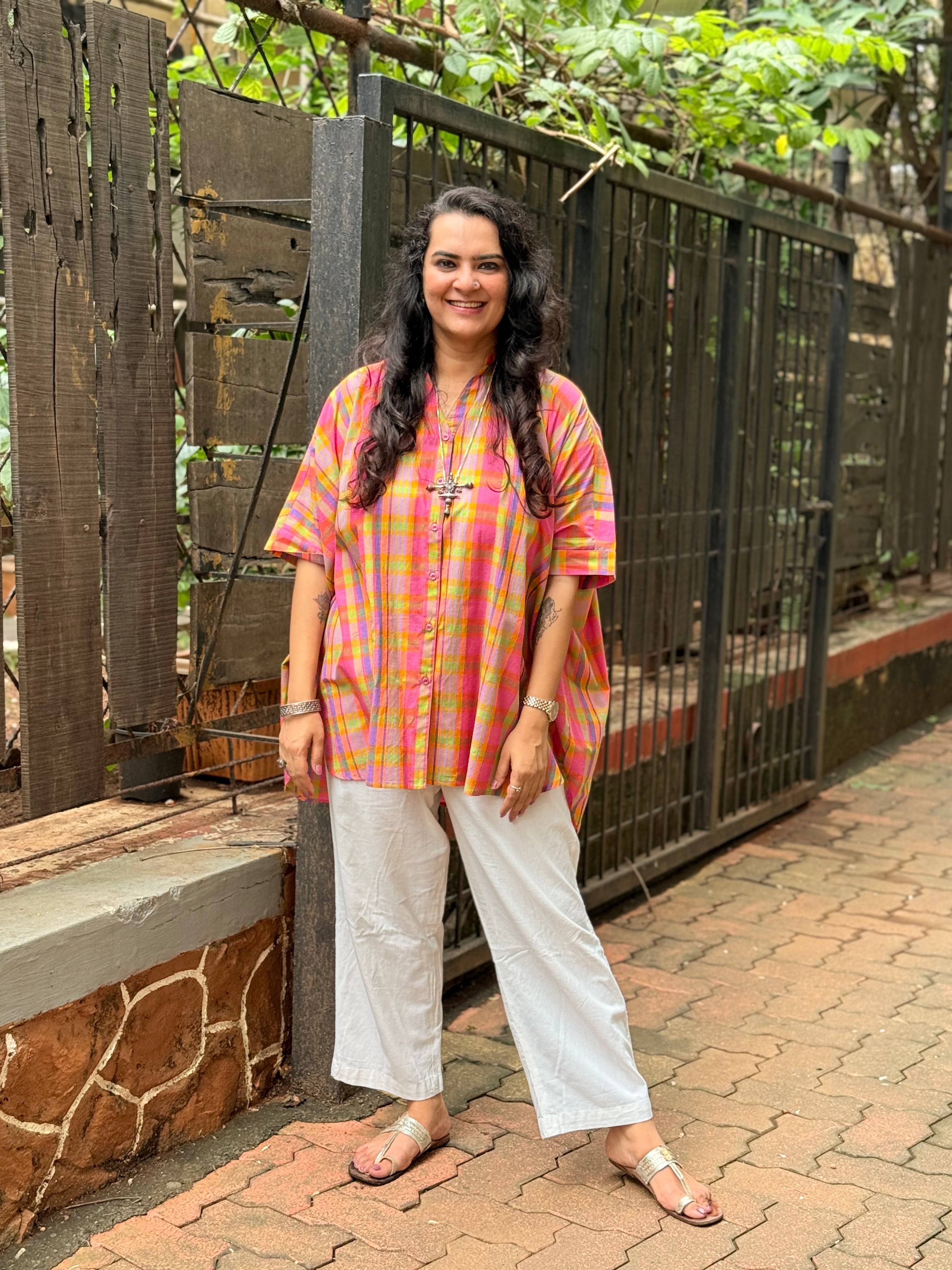Madras Check Kaftan Shirt - Pastel Neon