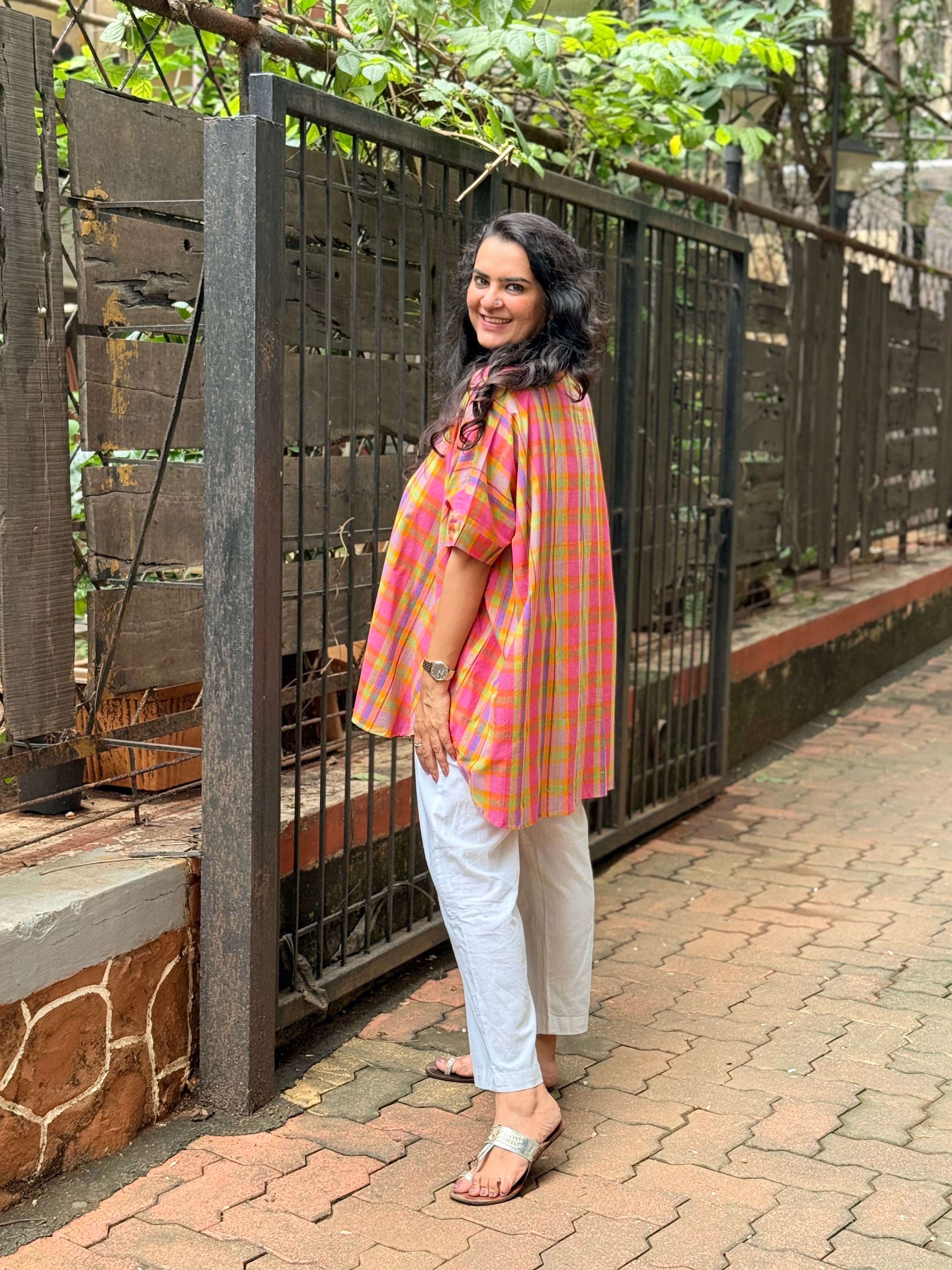 Madras Check Kaftan Shirt - Pastel Neon