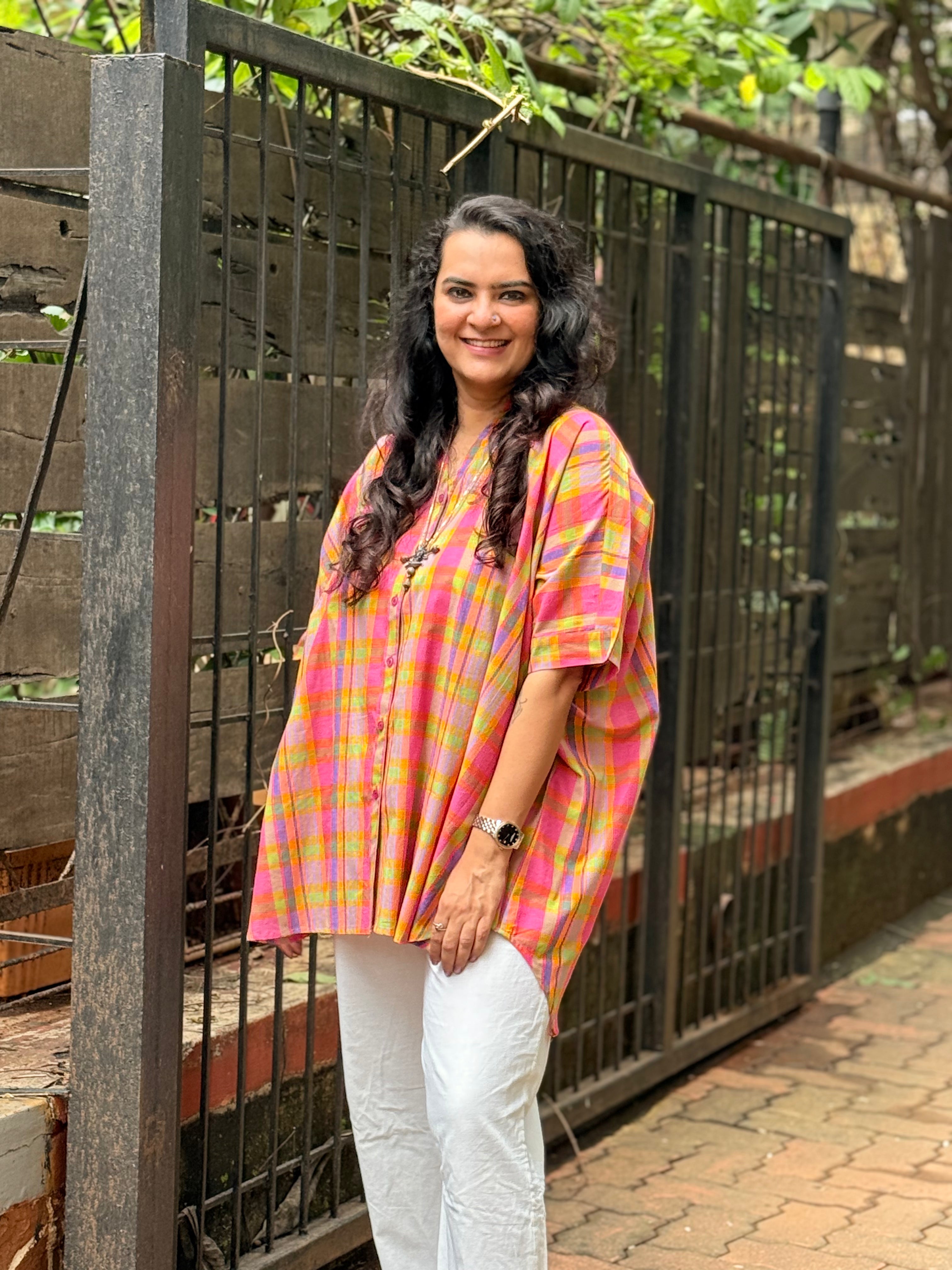 Madras Check Kaftan Shirt - Pastel Neon
