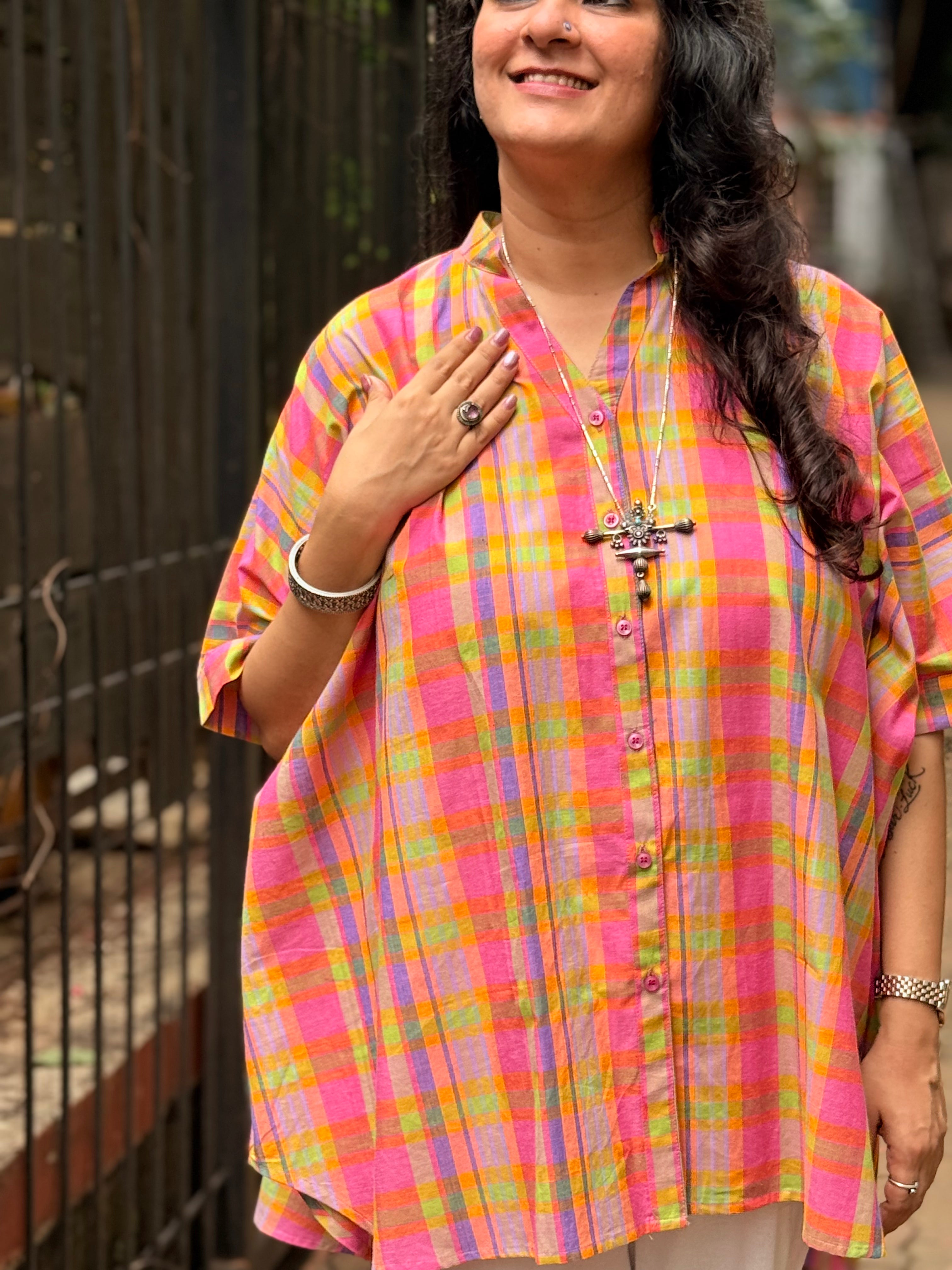 Madras Check Kaftan Shirt - Pastel Neon