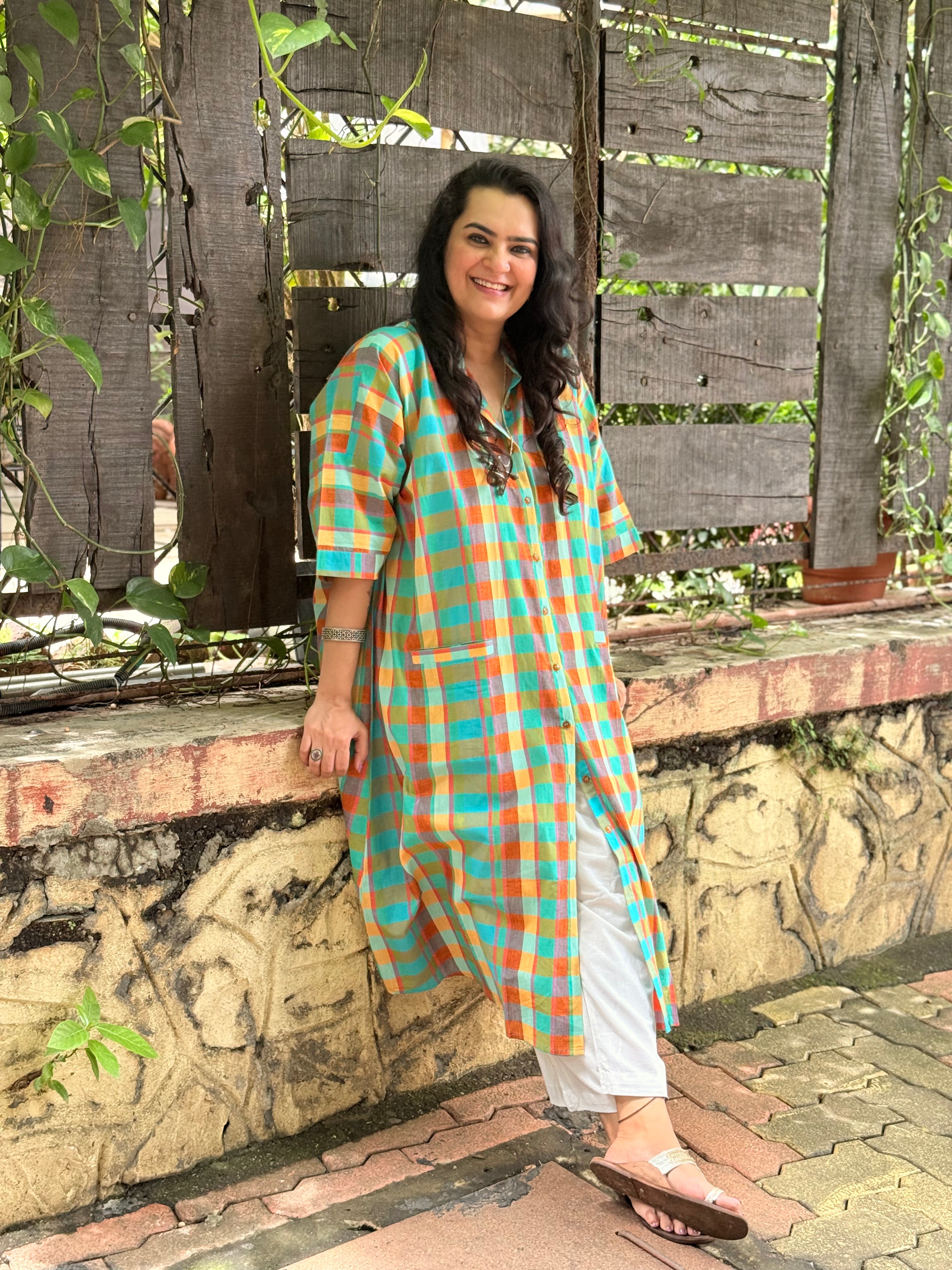 Madras Check Antifit Kurta - Teal