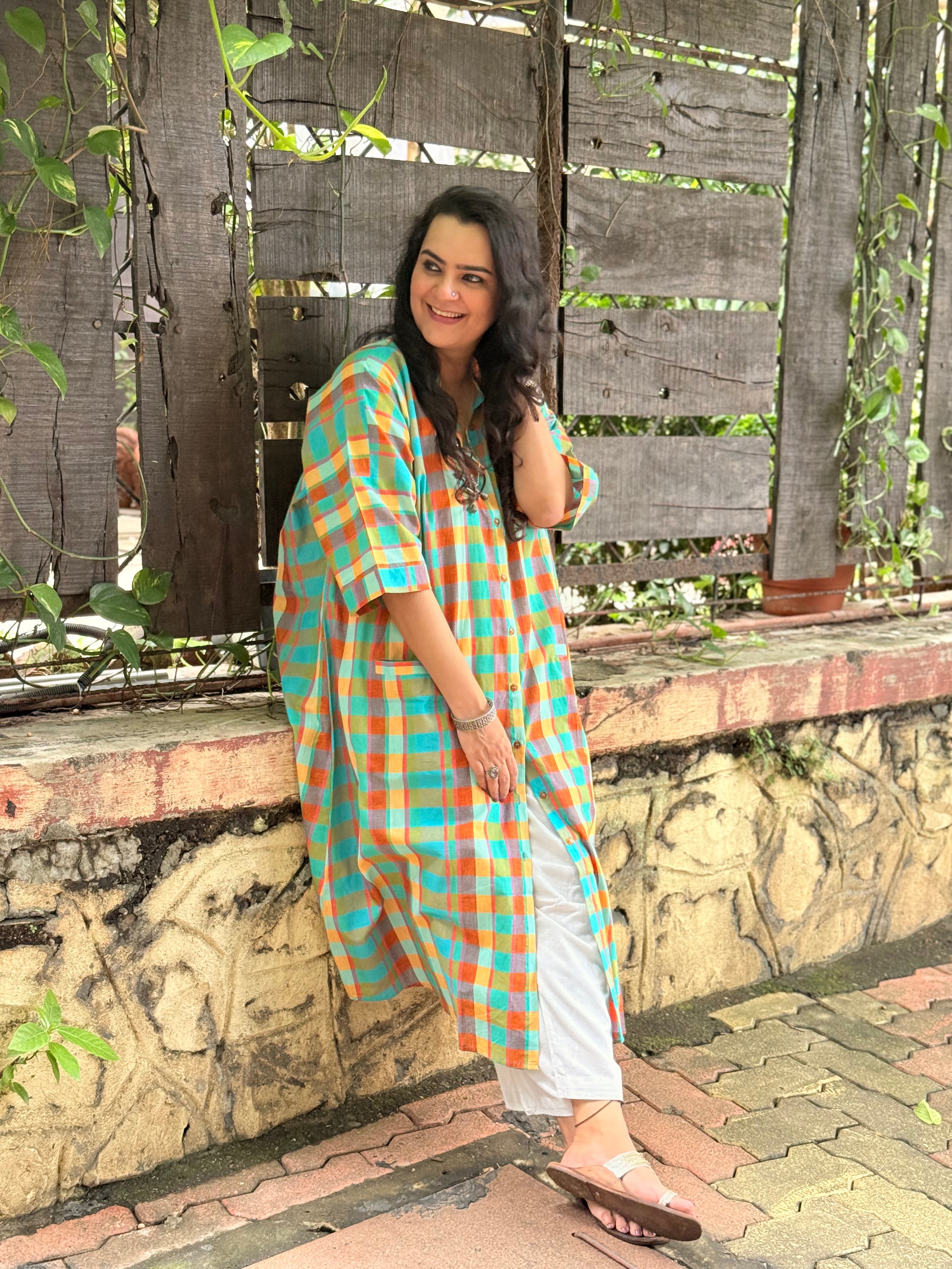 Madras Check Antifit Kurta - Teal