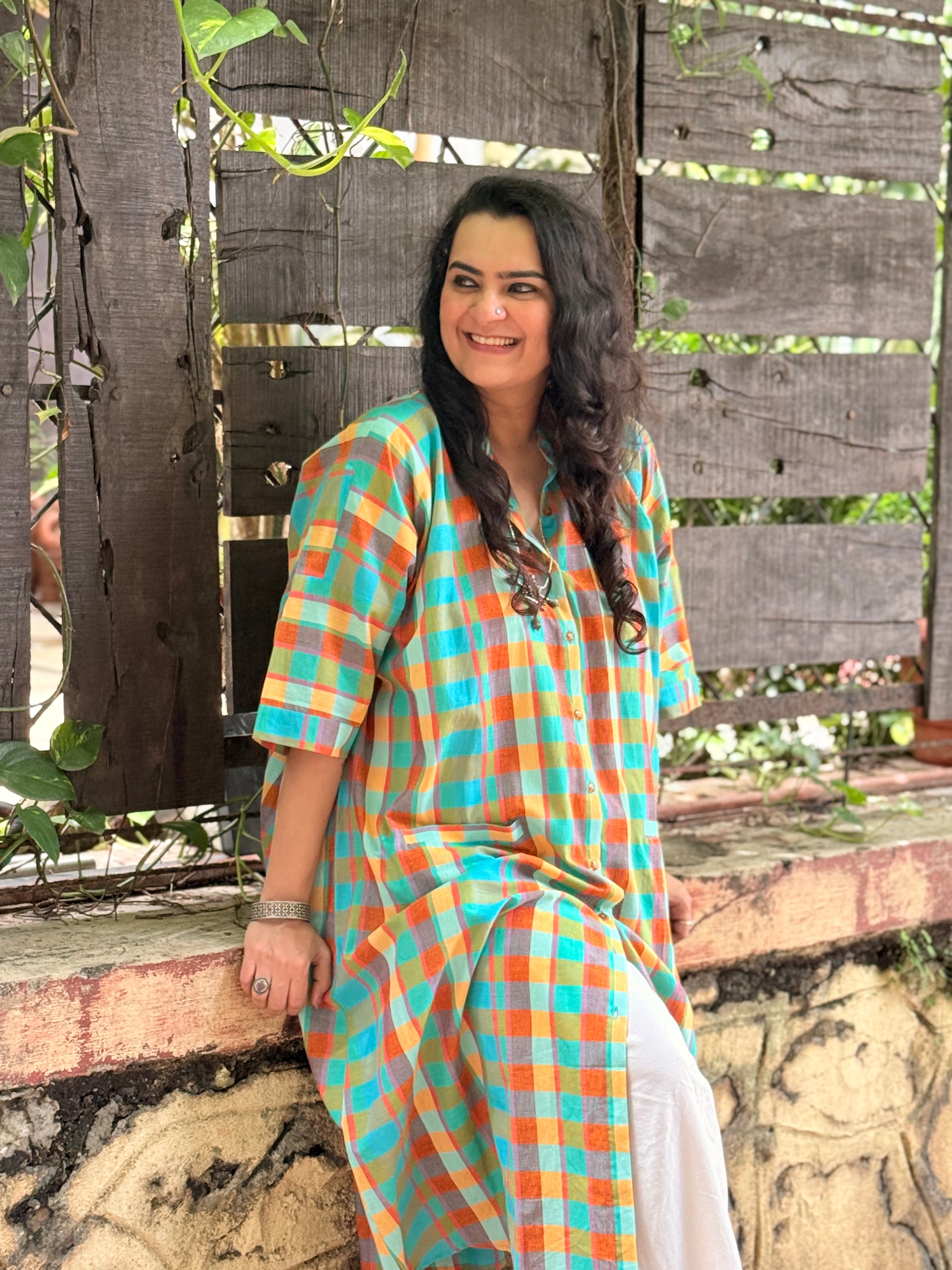 Madras Check Antifit Kurta - Teal