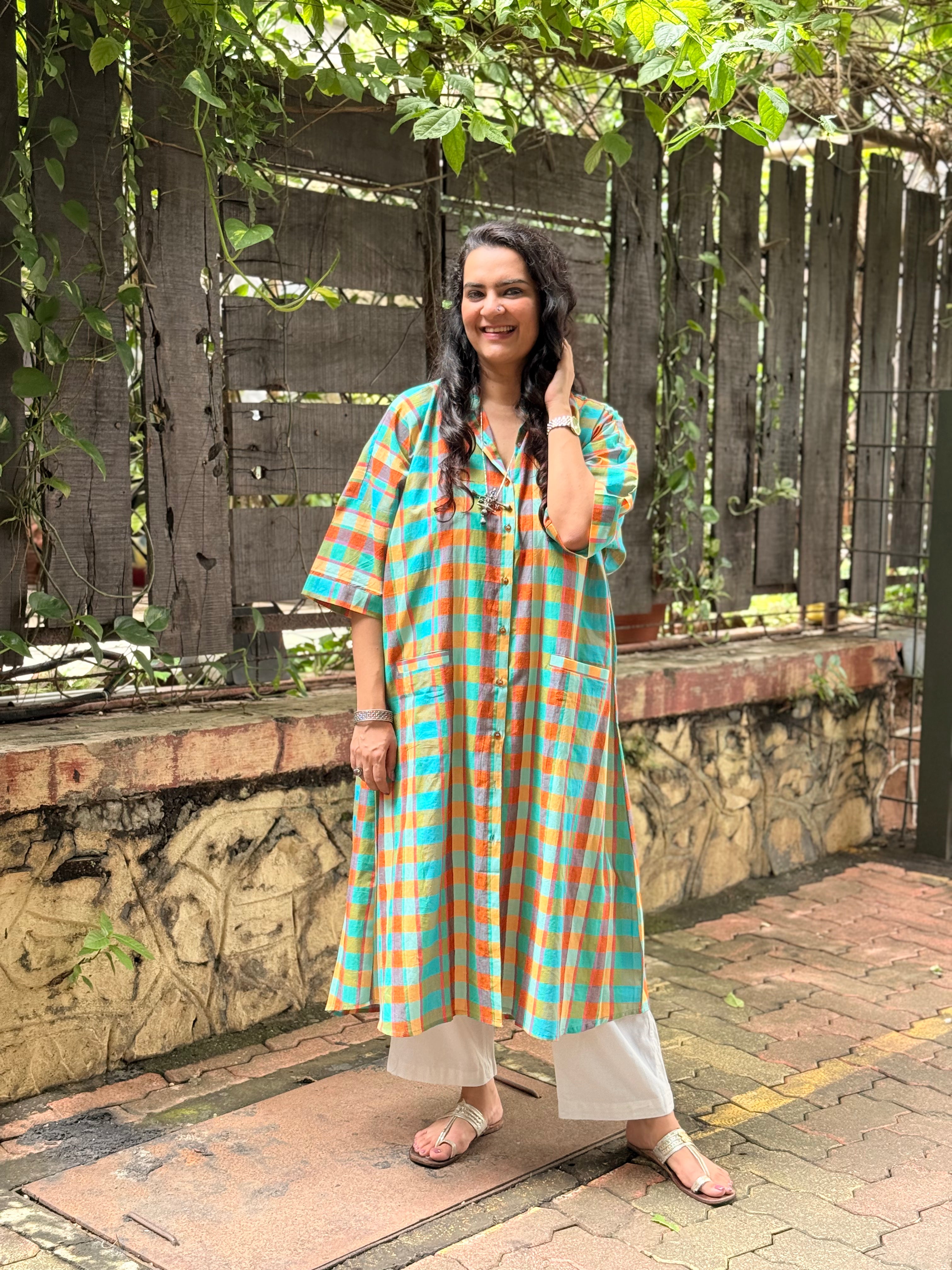 Madras Check Antifit Kurta - Teal