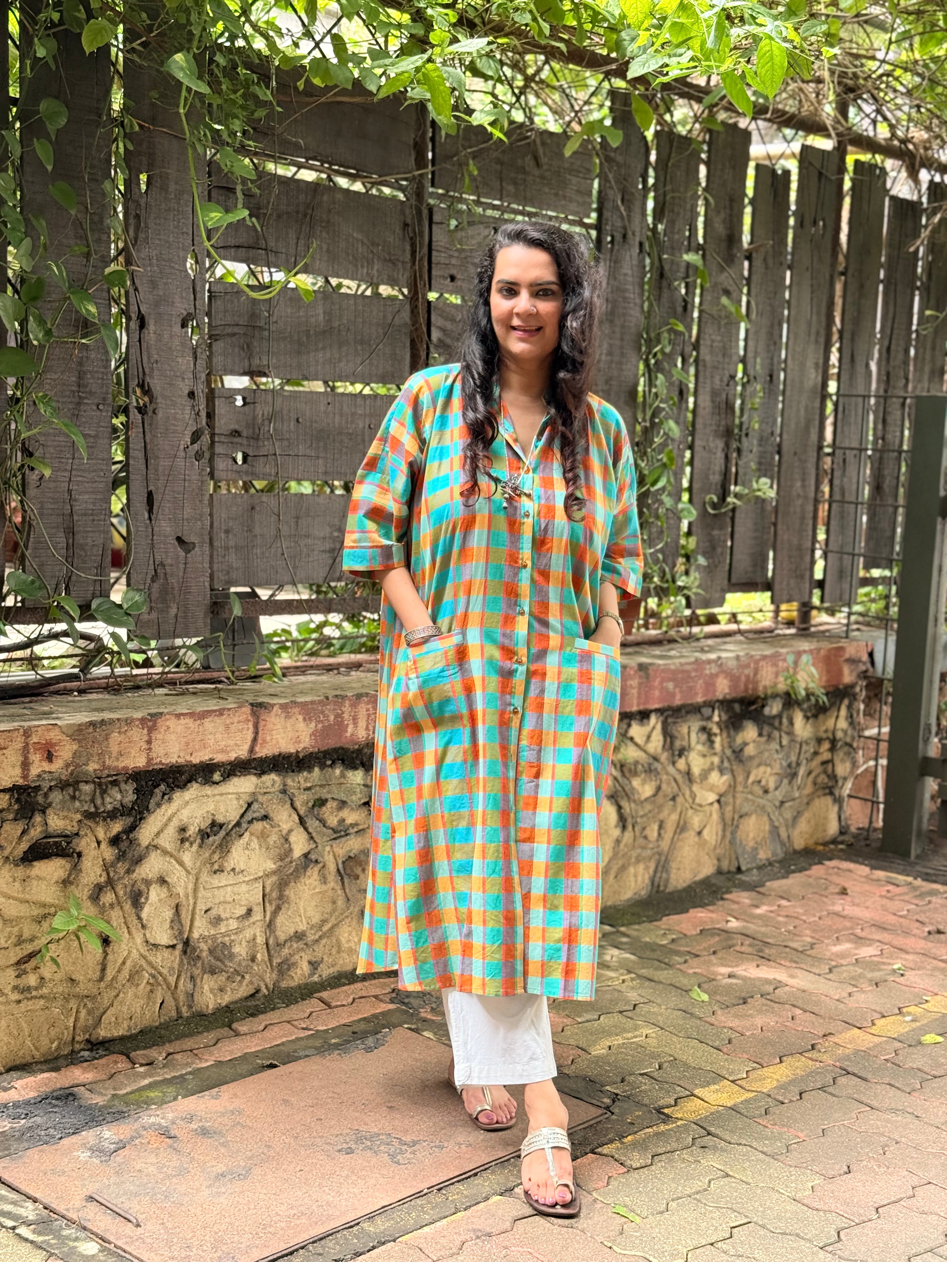 Madras Check Antifit Kurta - Teal