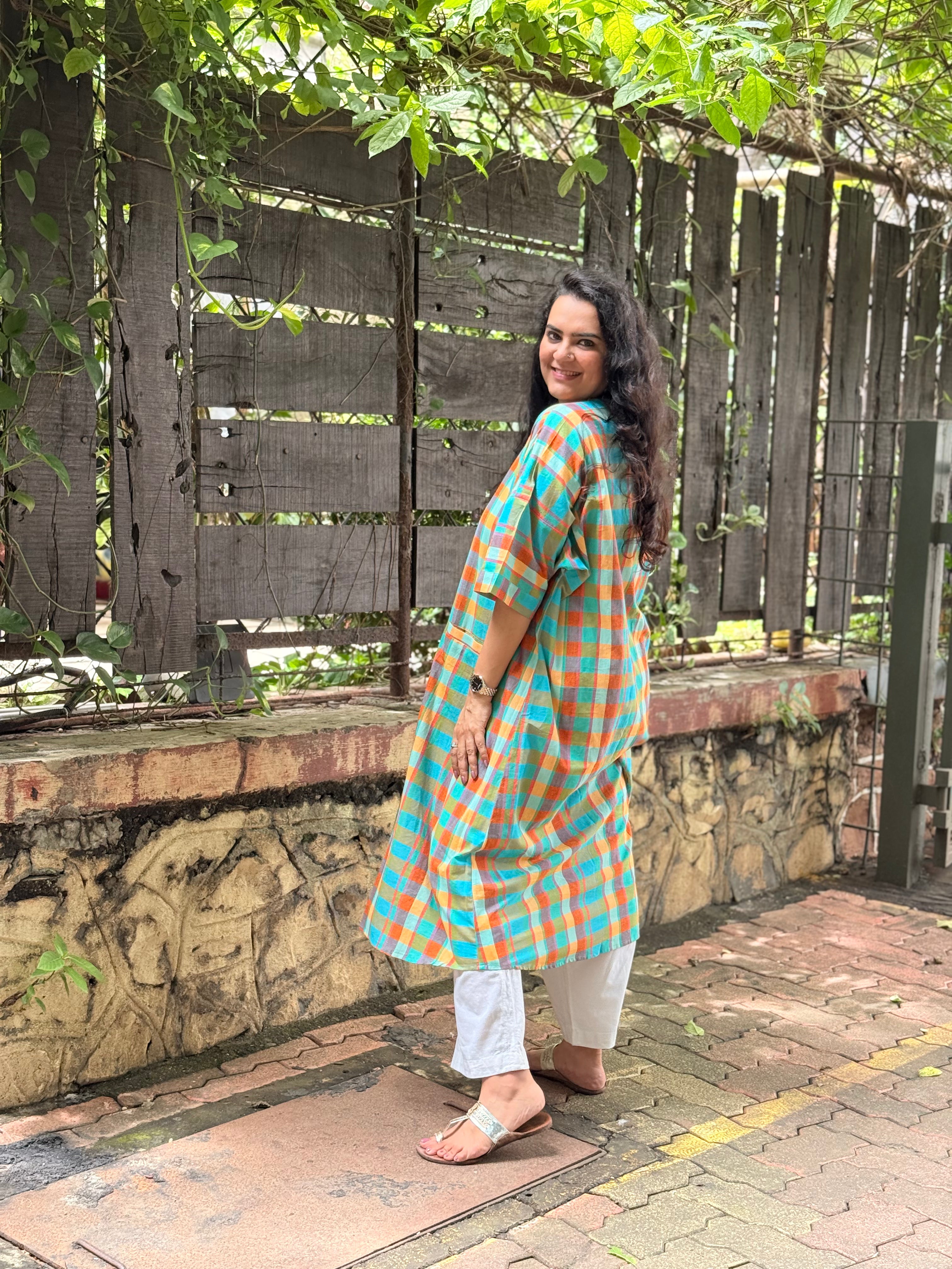 Madras Check Antifit Kurta - Teal