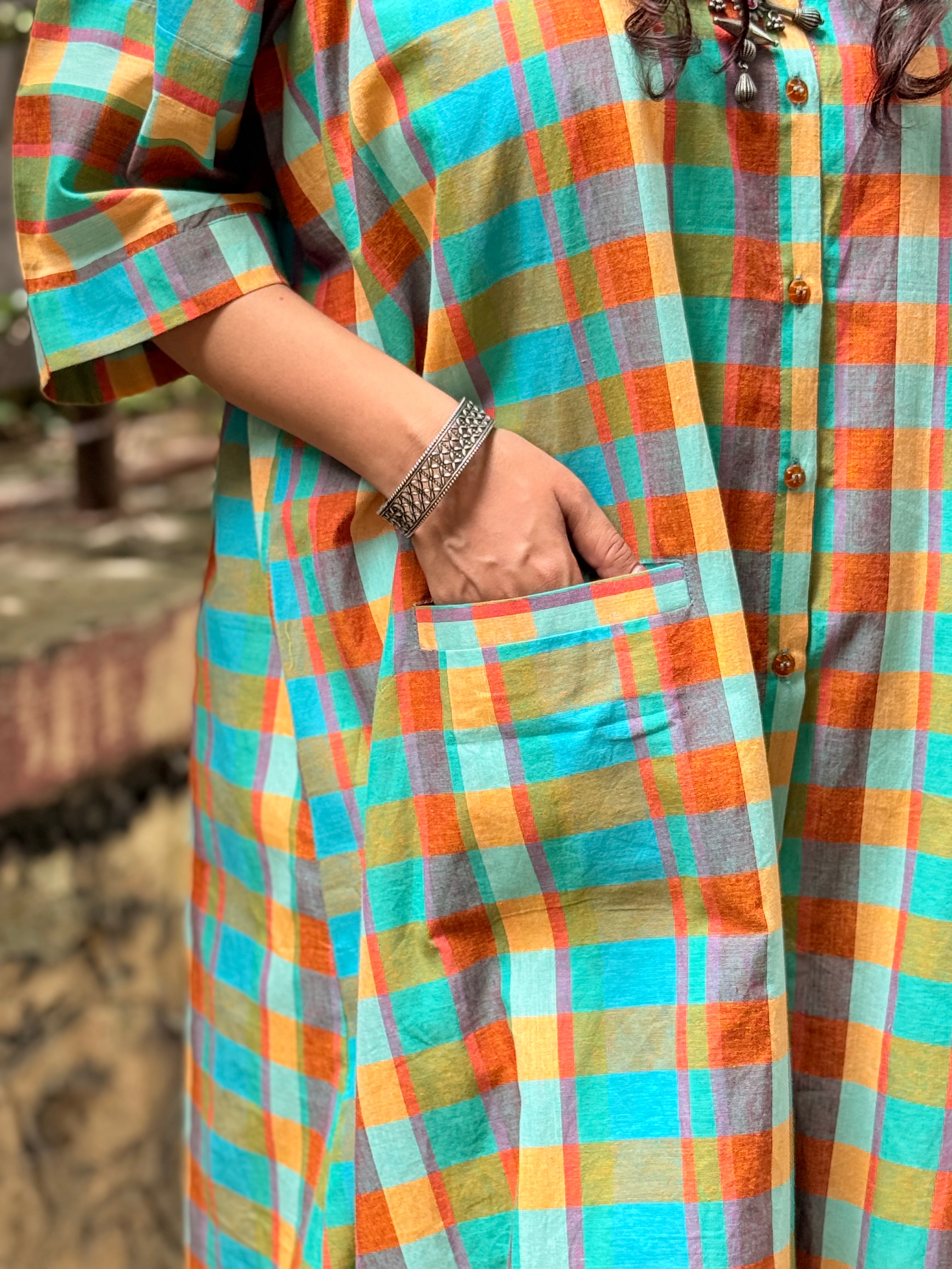Madras Check Antifit Kurta - Teal