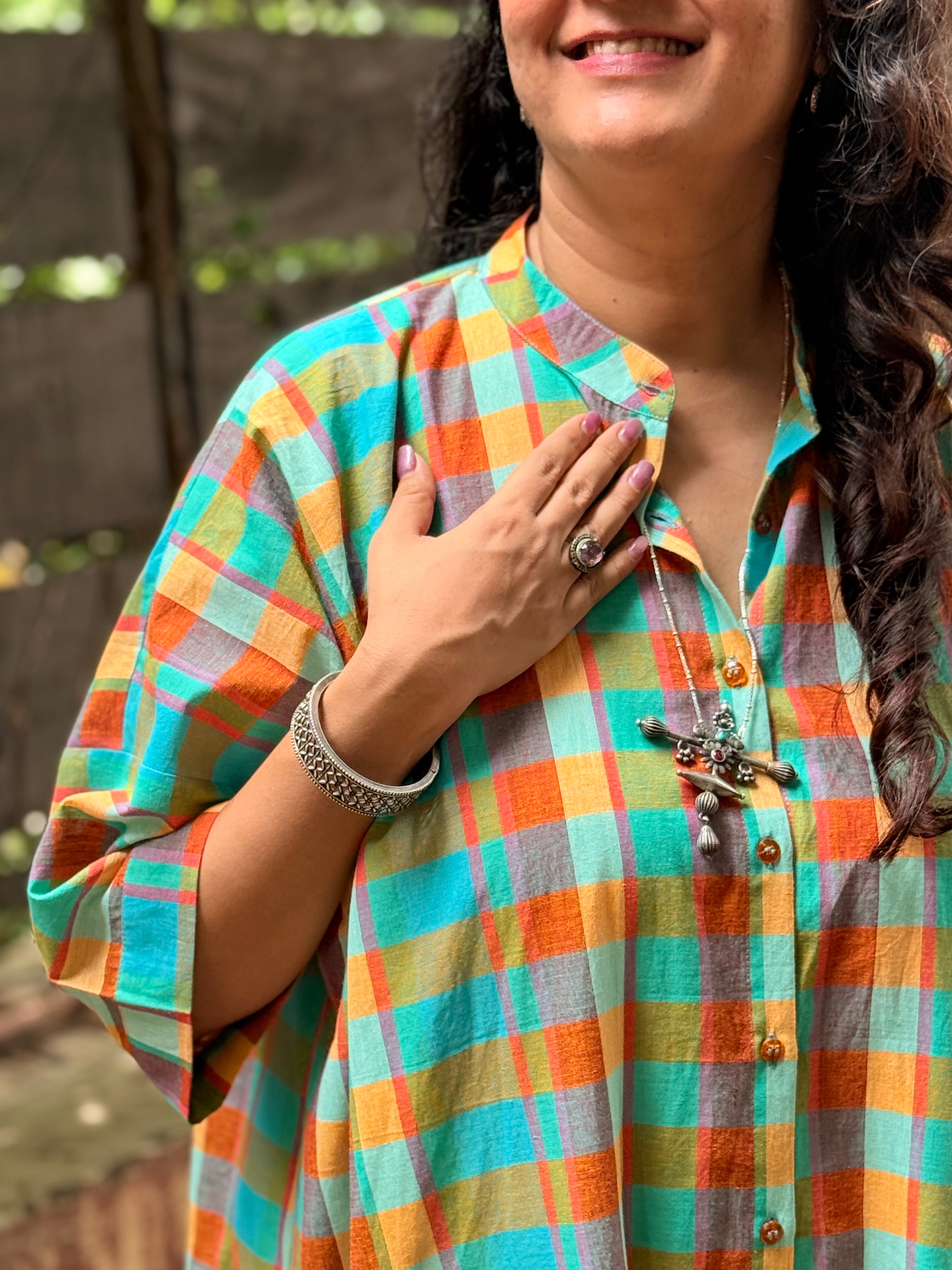 Madras Check Antifit Kurta - Teal