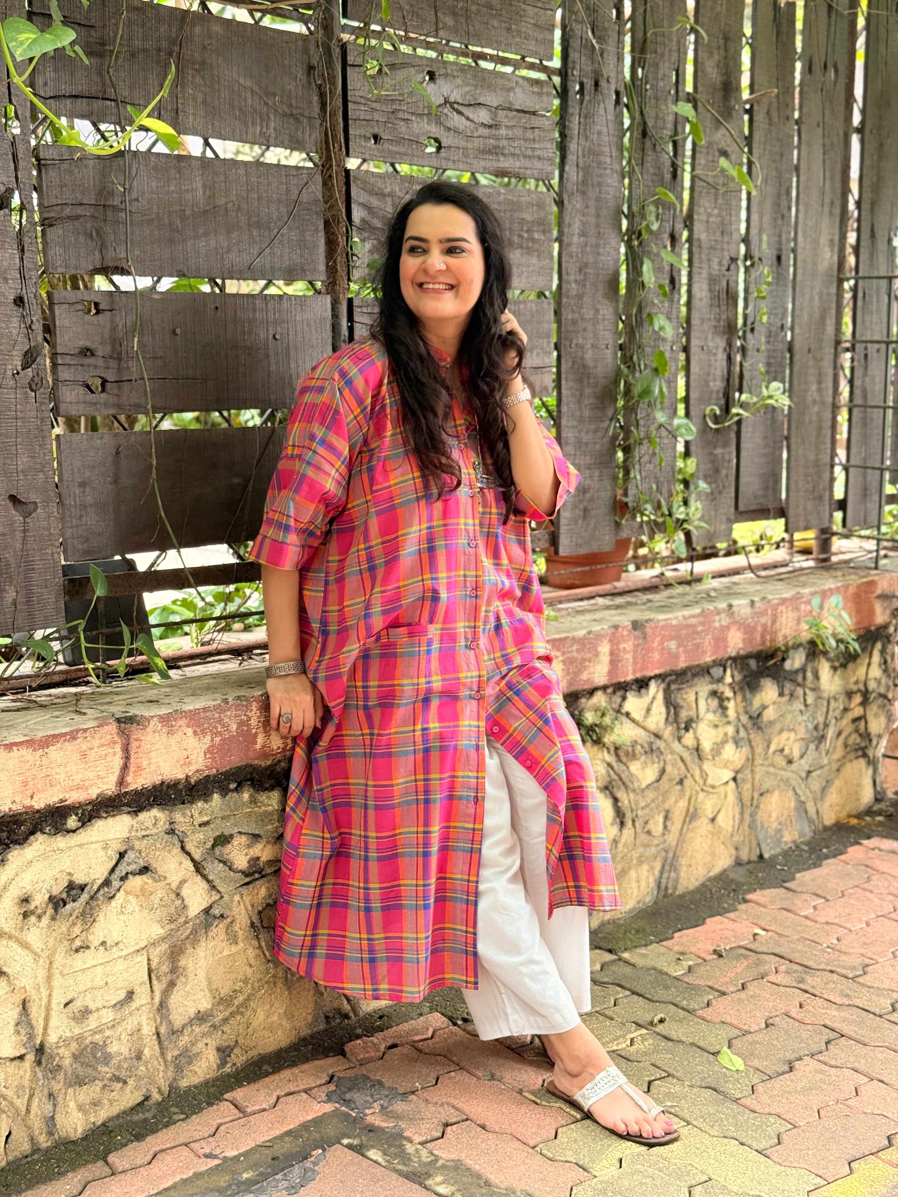 Madras Check Antifit Kurta - Fuchsia