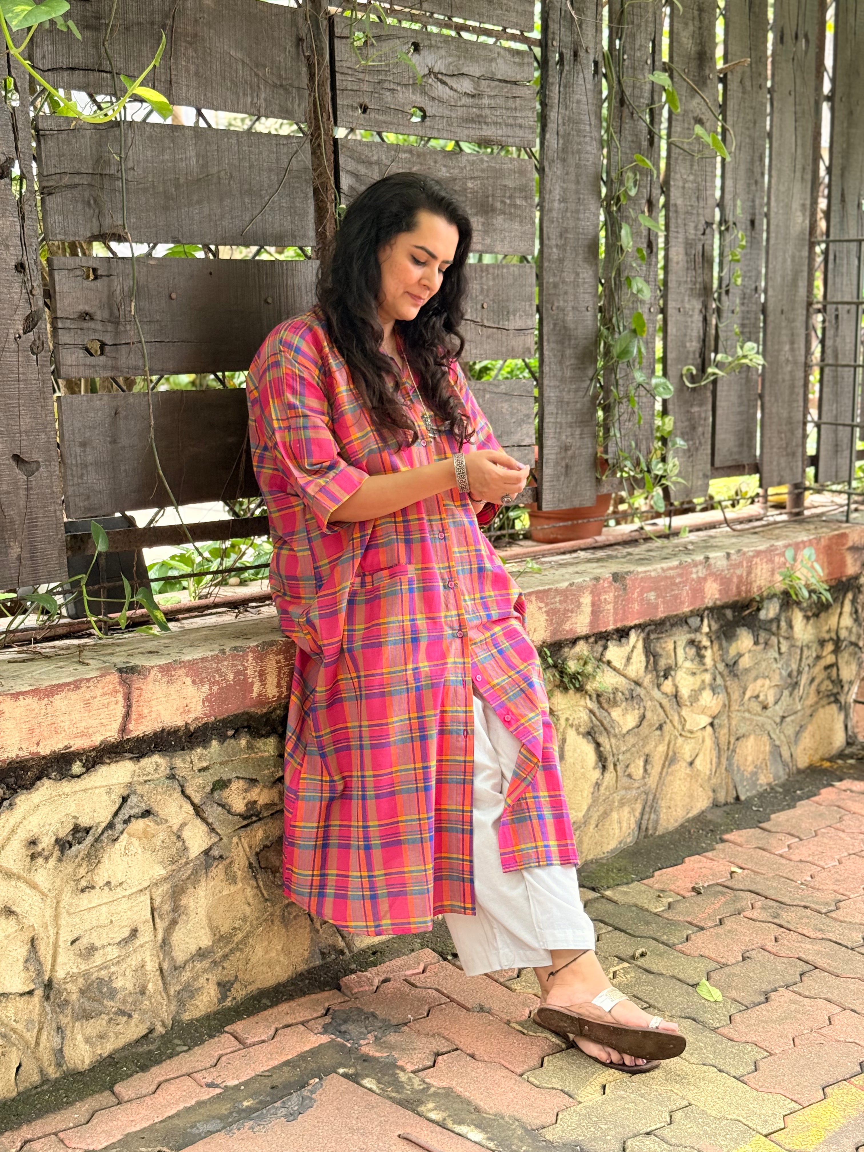 Madras Check Antifit Kurta - Fuchsia