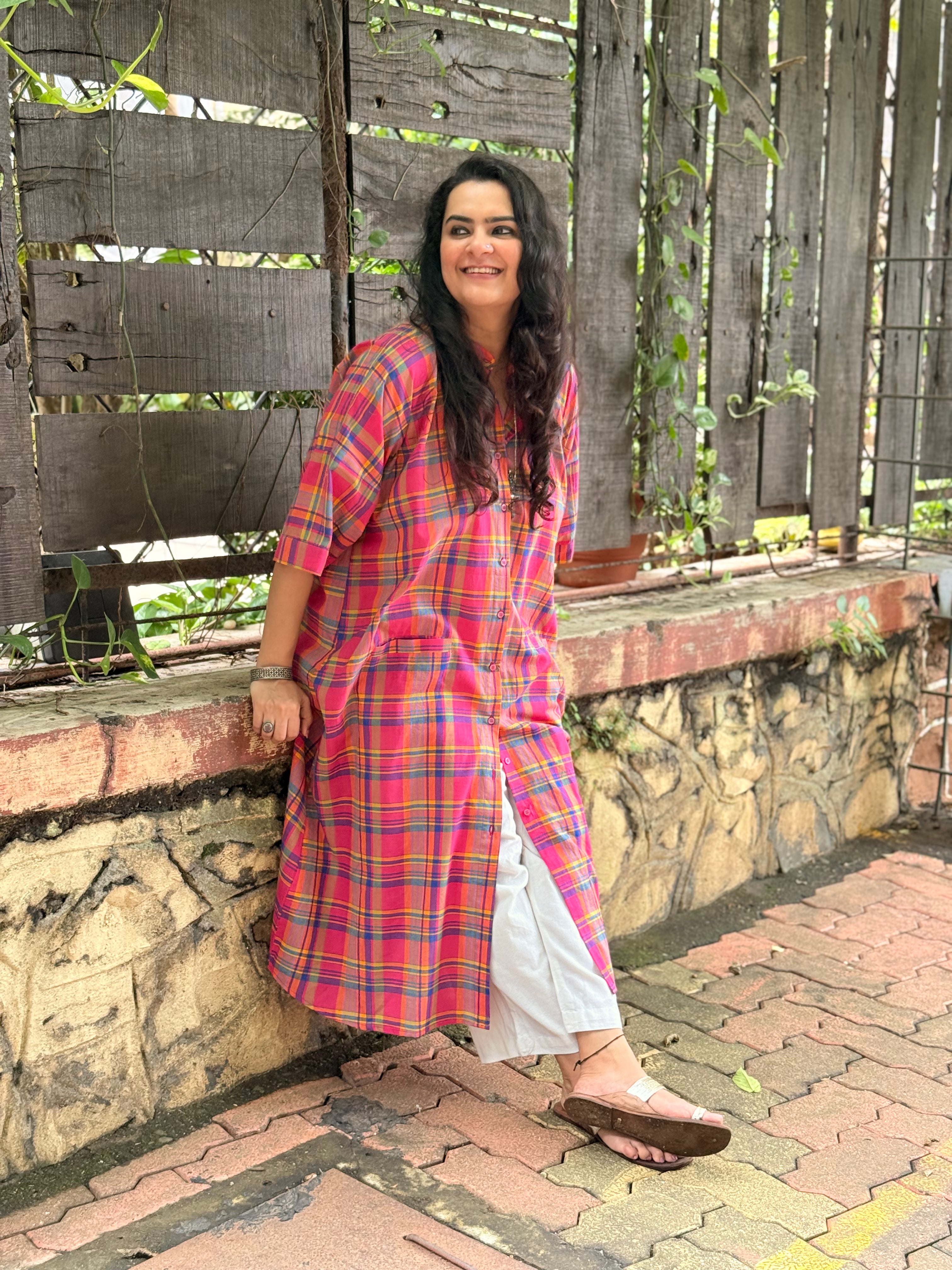 Madras Check Antifit Kurta - Fuchsia