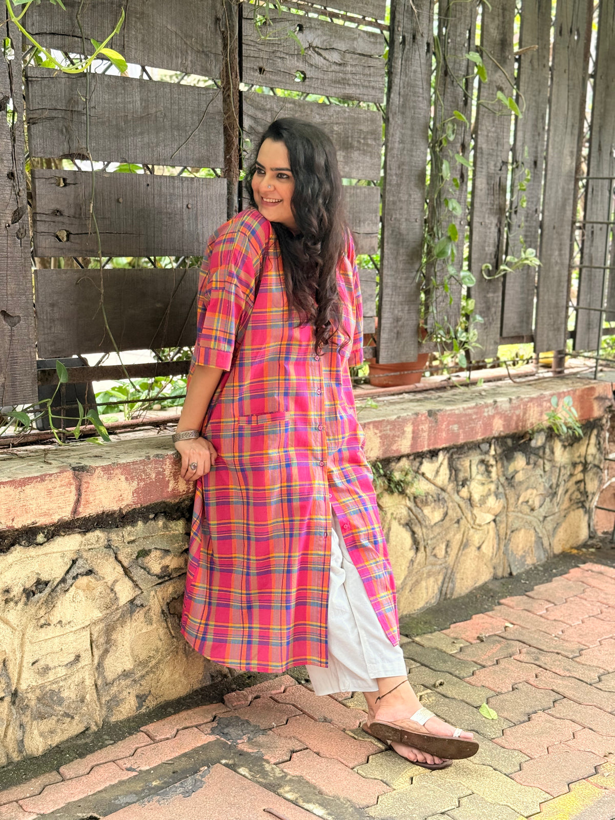 Madras Check Antifit Kurta - Fuchsia