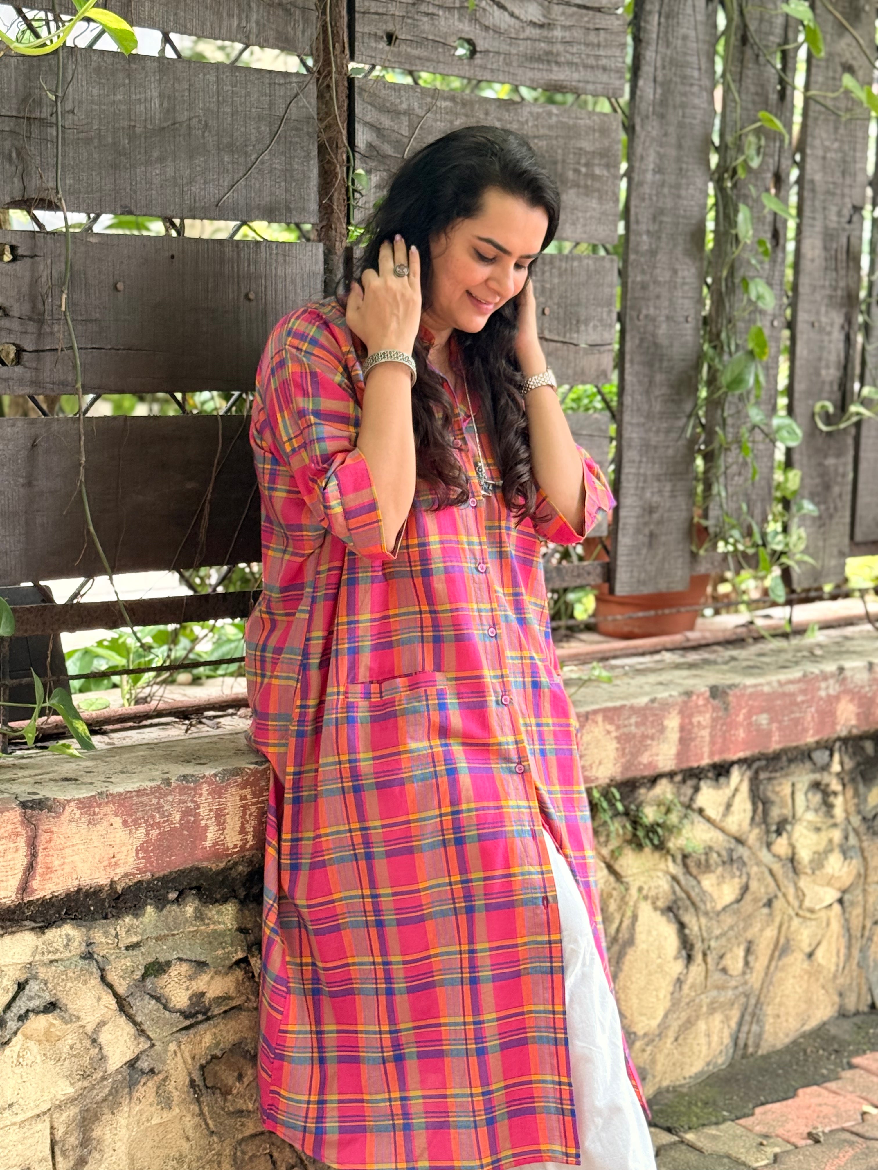 Madras Check Antifit Kurta - Fuchsia