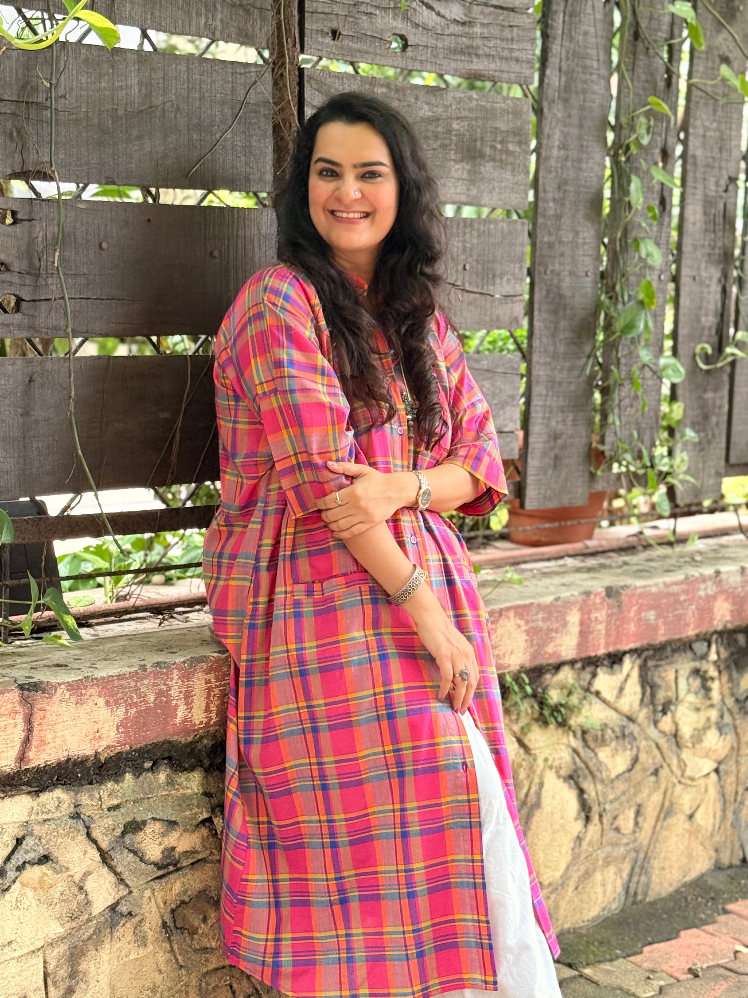 Madras Check Antifit Kurta - Fuchsia