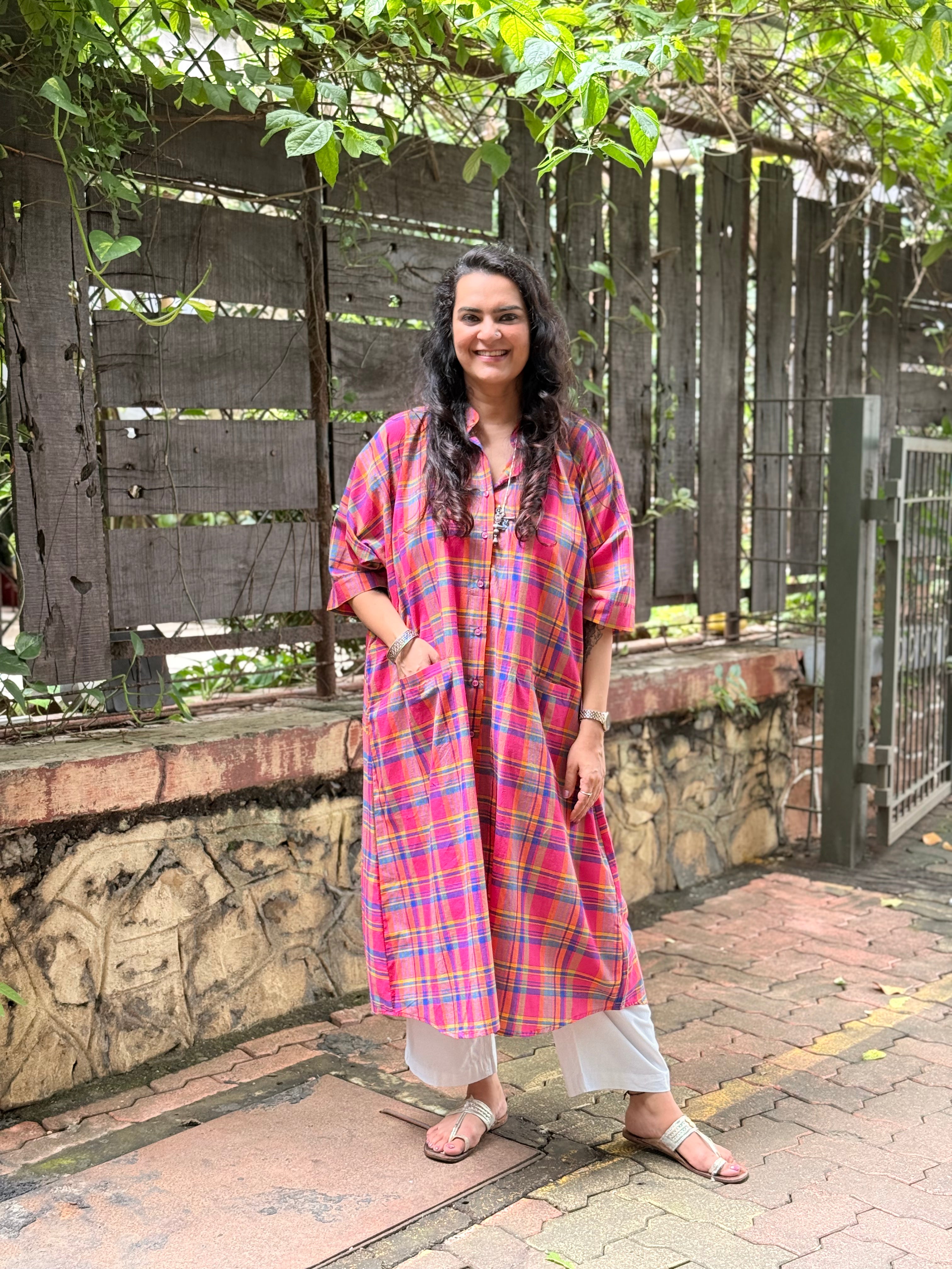 Madras Check Antifit Kurta - Fuchsia