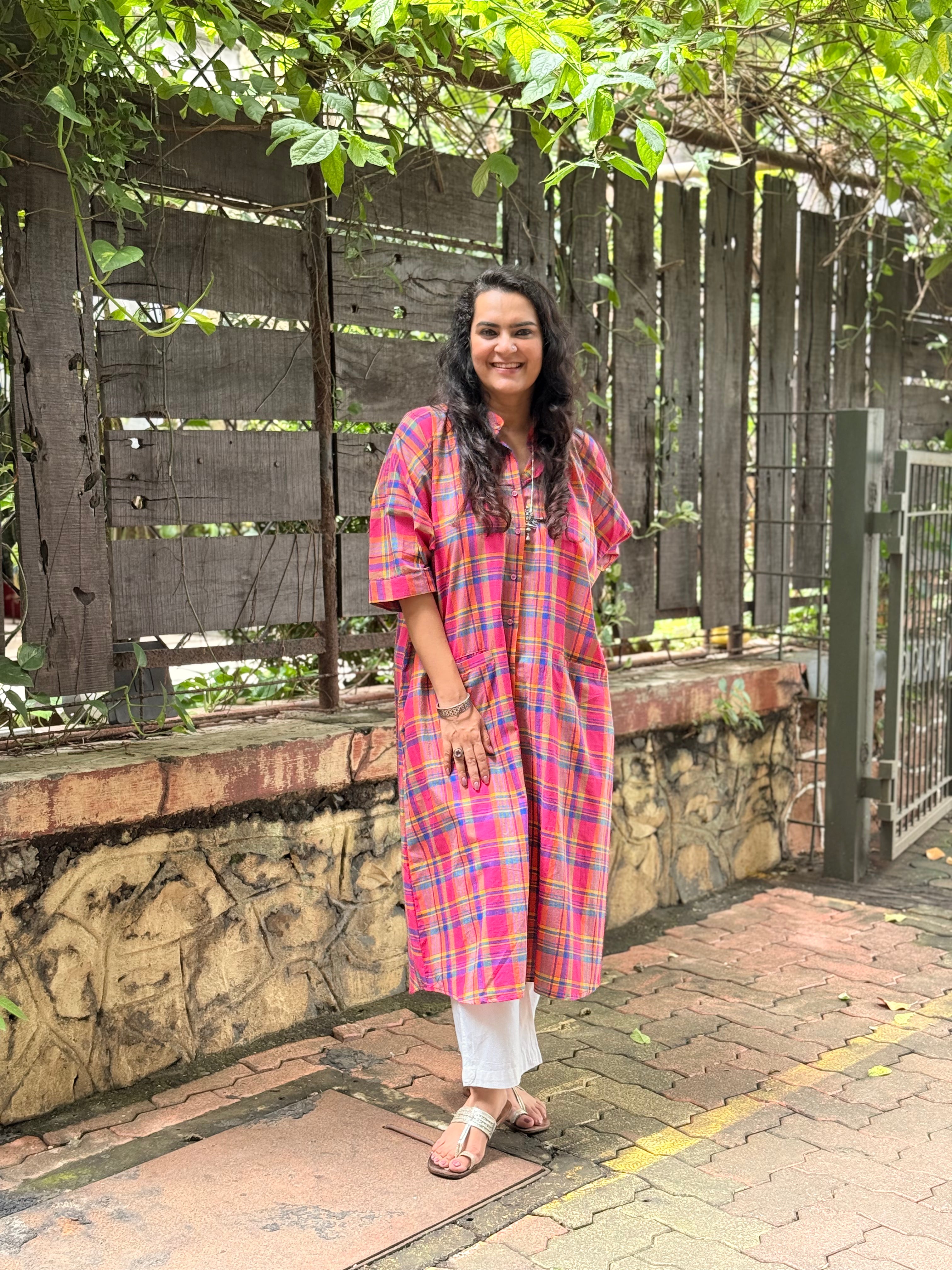 Madras Check Antifit Kurta - Fuchsia