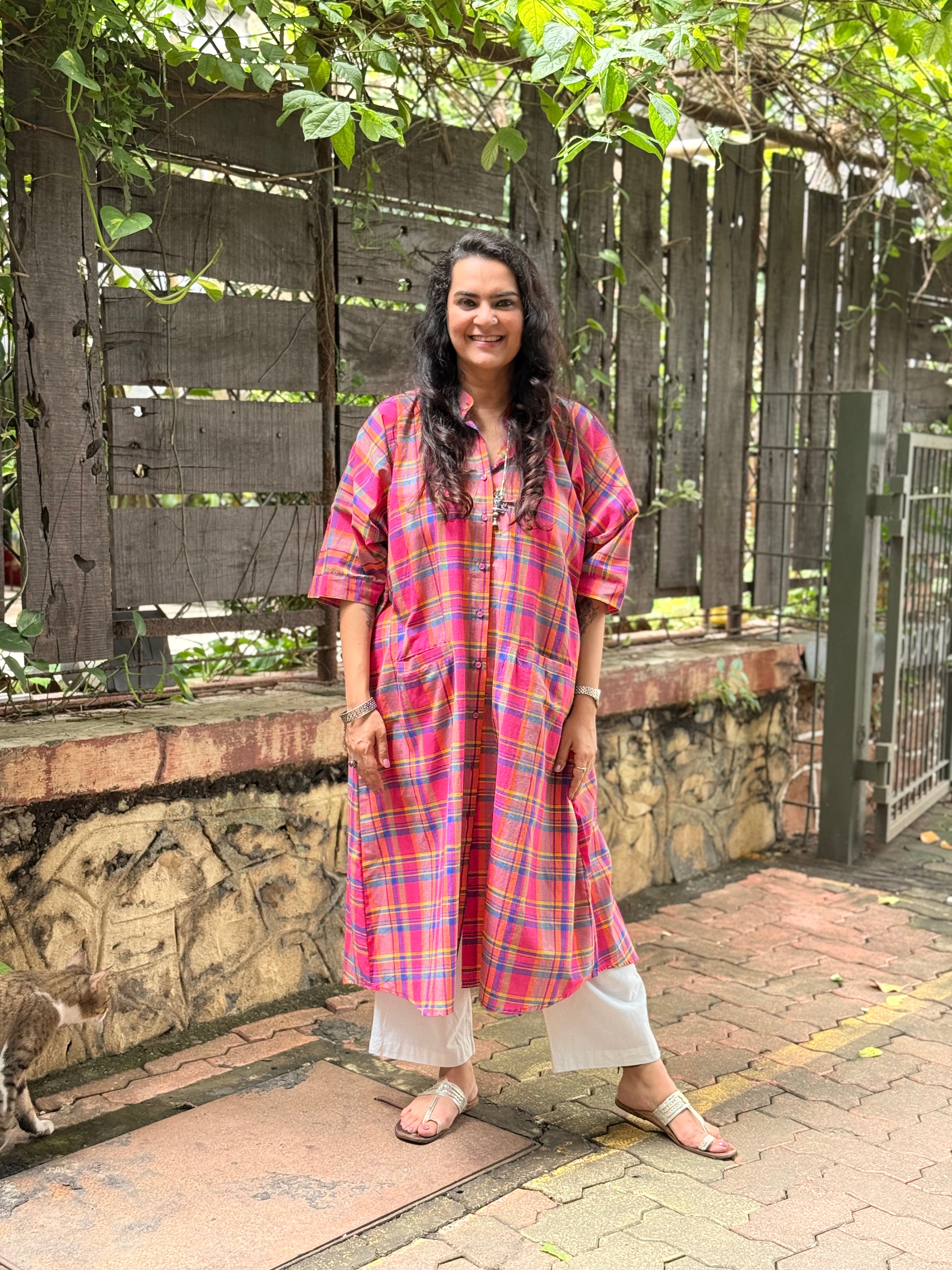 Madras Check Antifit Kurta - Fuchsia