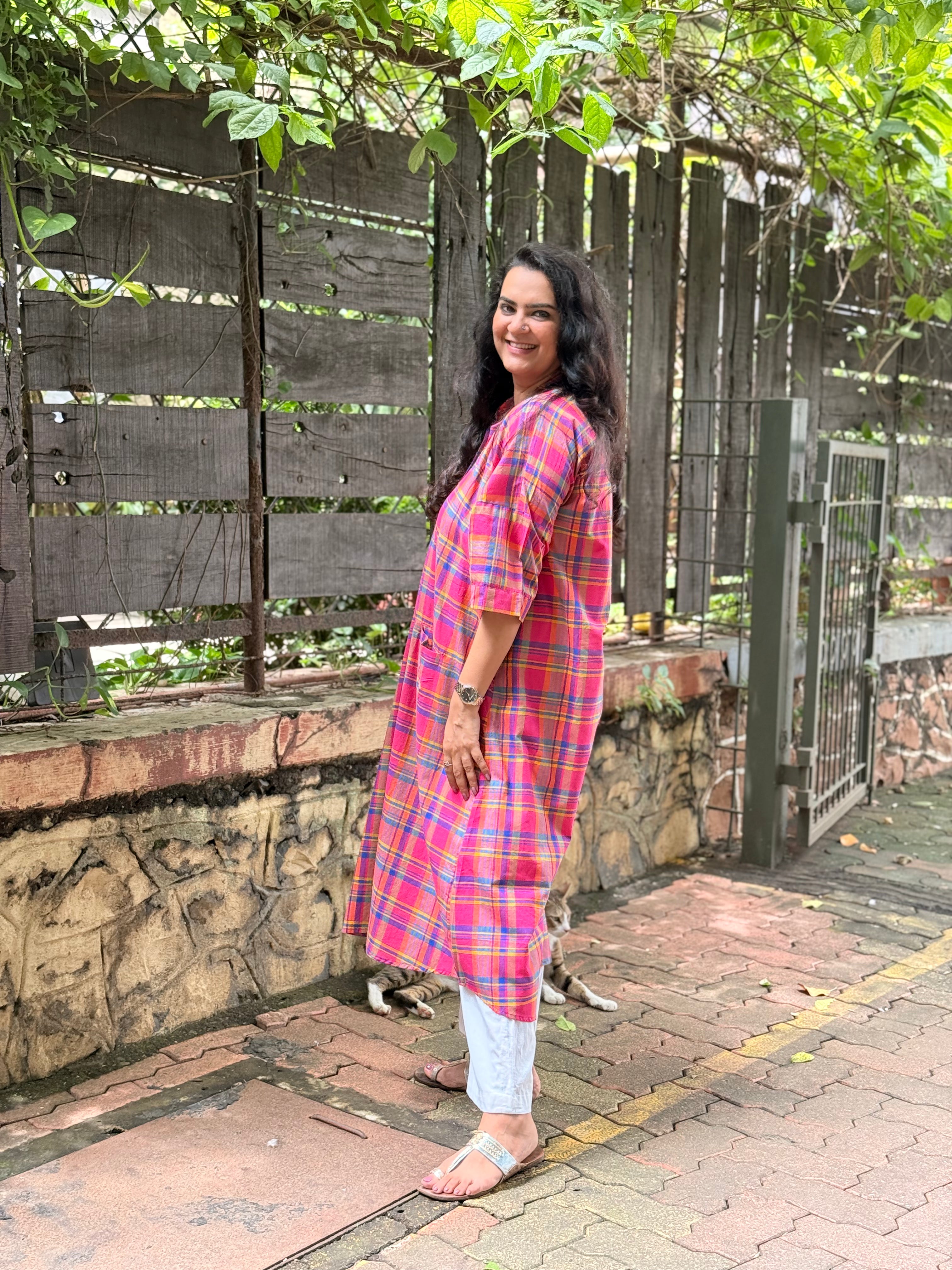Madras Check Antifit Kurta - Fuchsia