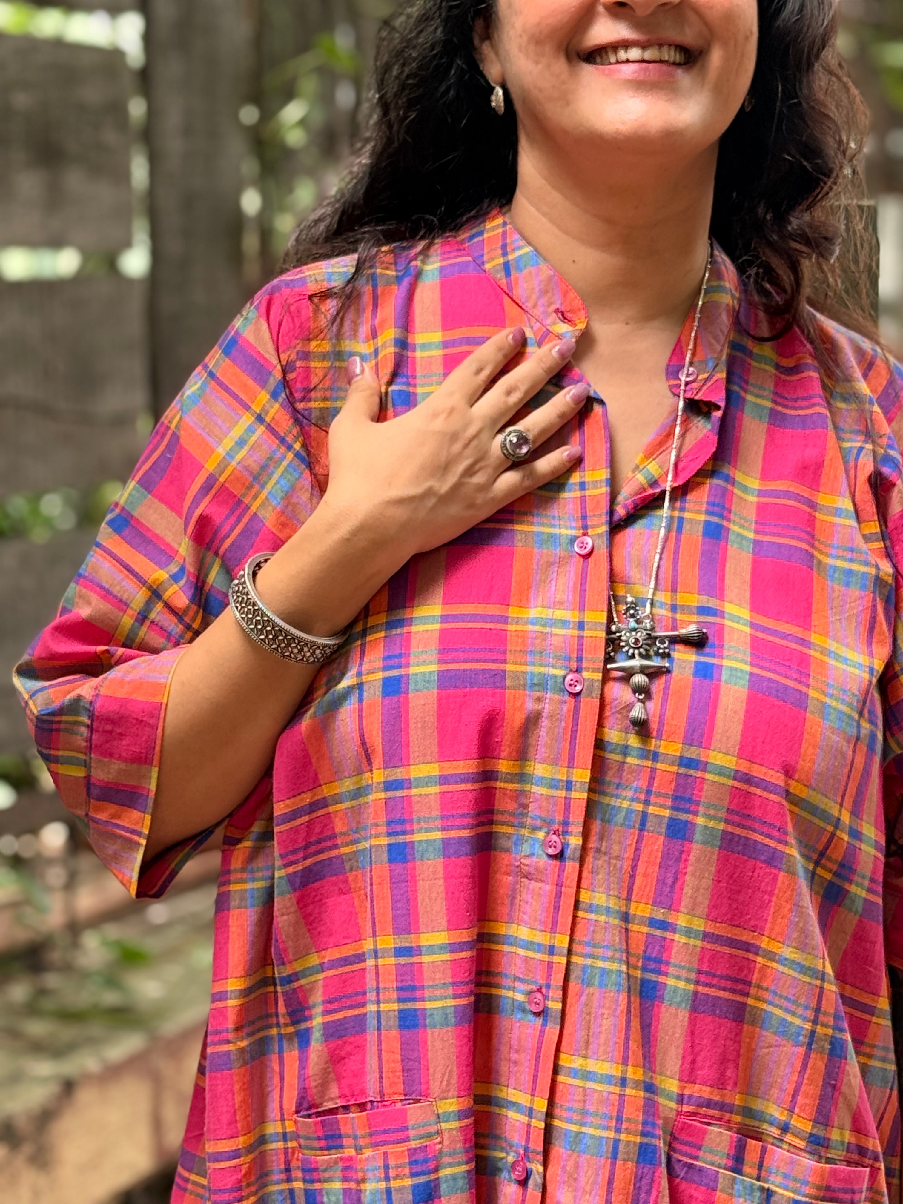 Madras Check Antifit Kurta - Fuchsia