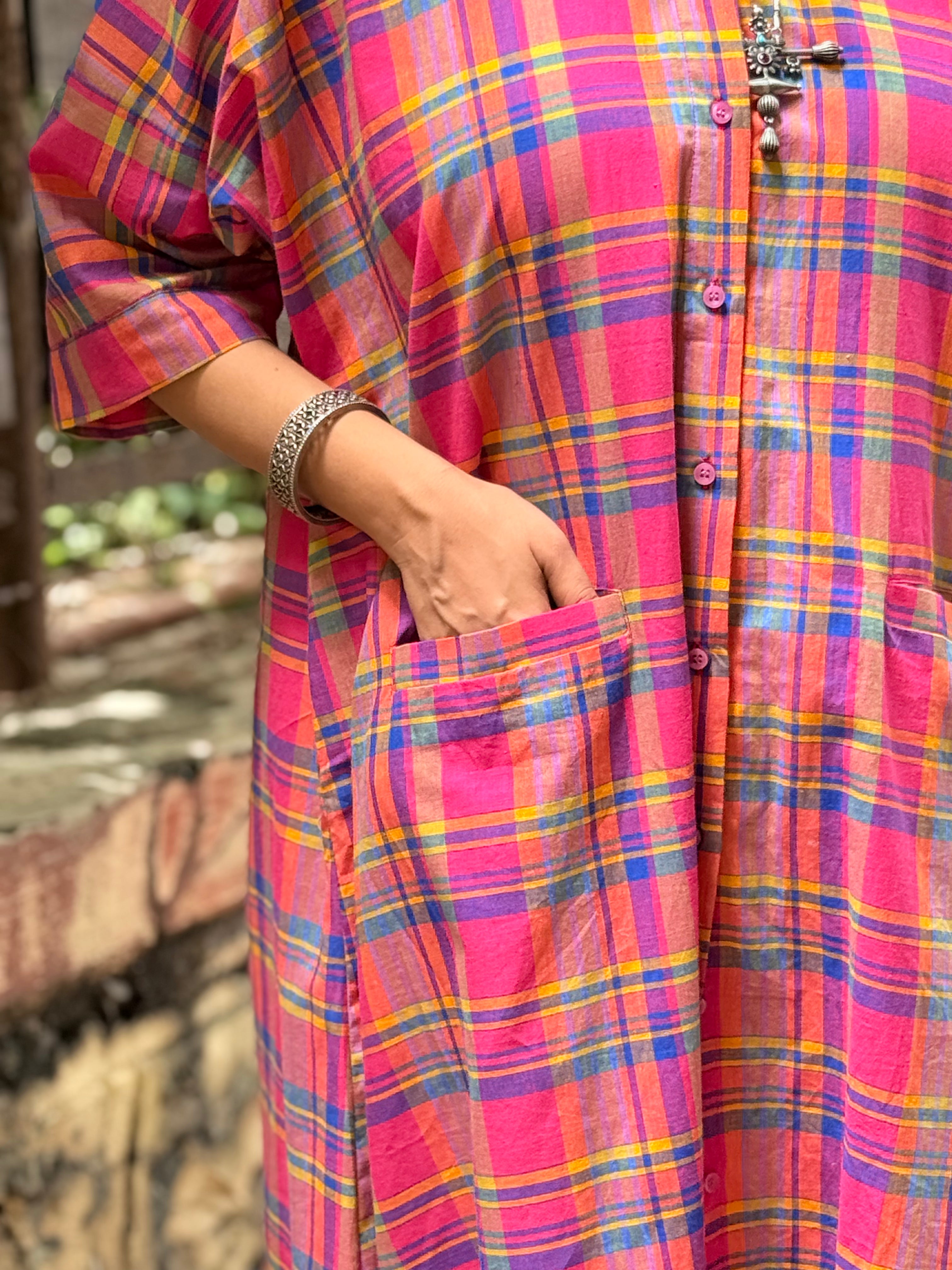 Madras Check Antifit Kurta - Fuchsia