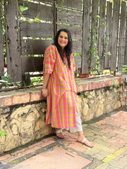 Madras Check Antifit Kurta - Pastel Neon