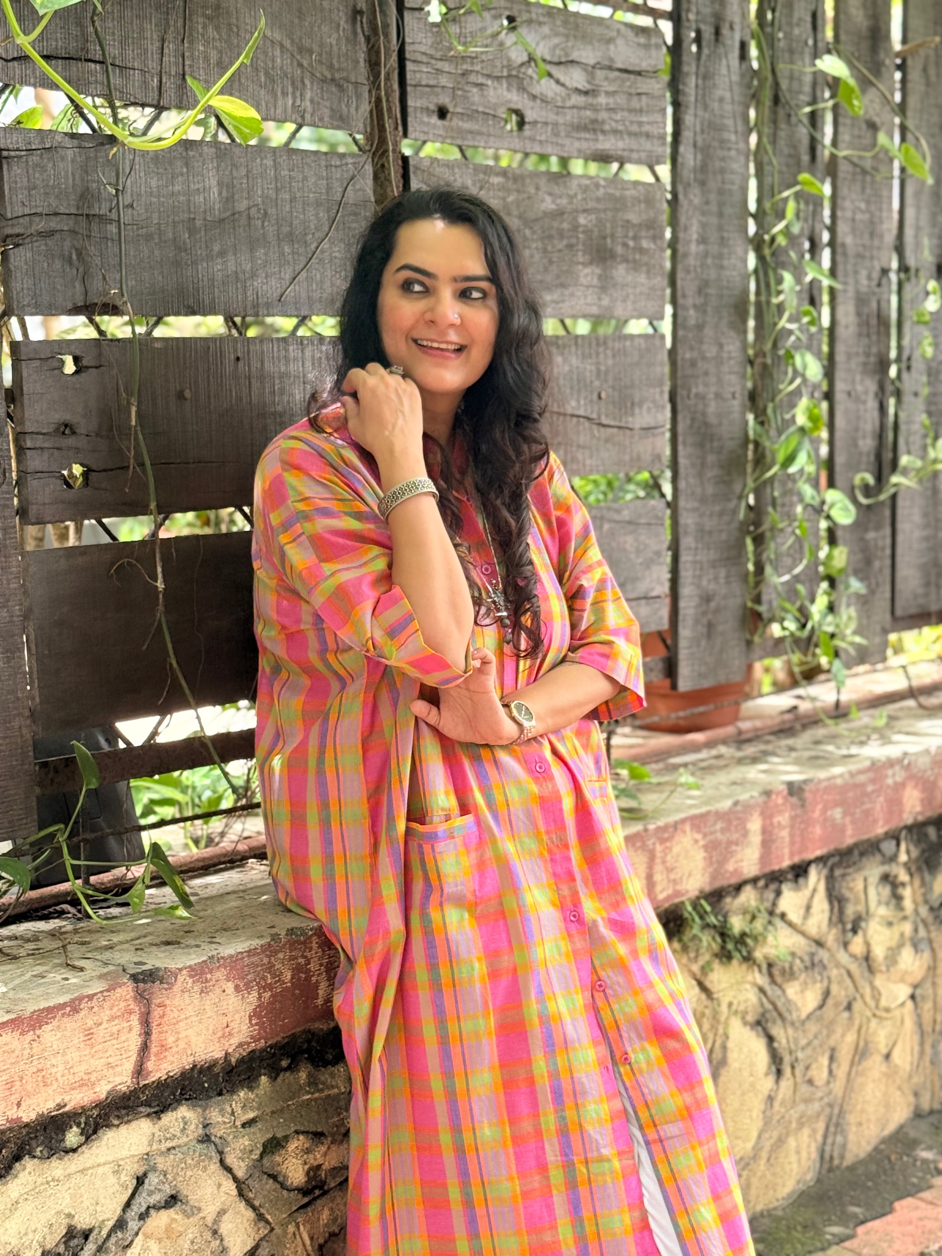 Madras Check Antifit Kurta - Pastel Neon