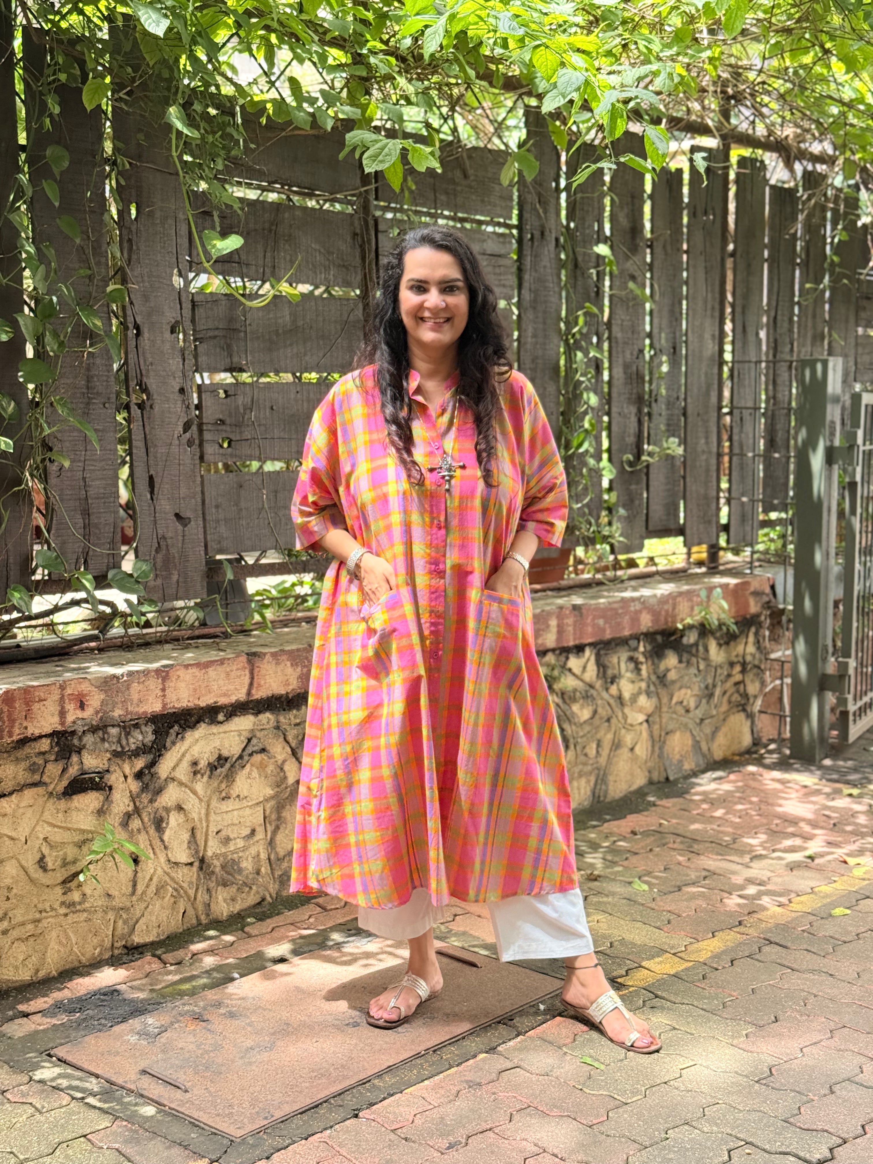 Madras Check Antifit Kurta - Pastel Neon