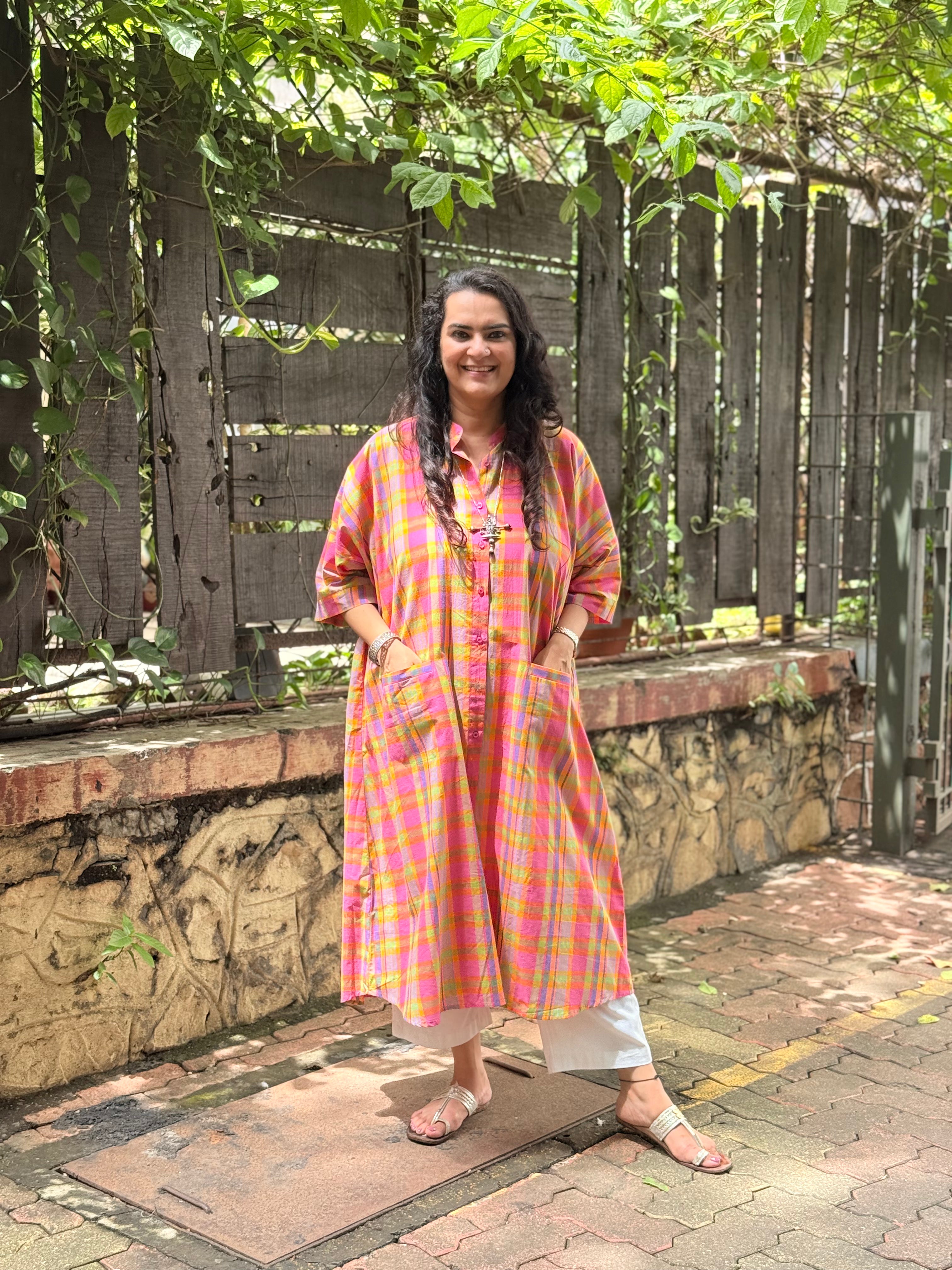Madras Check Antifit Kurta - Pastel Neon