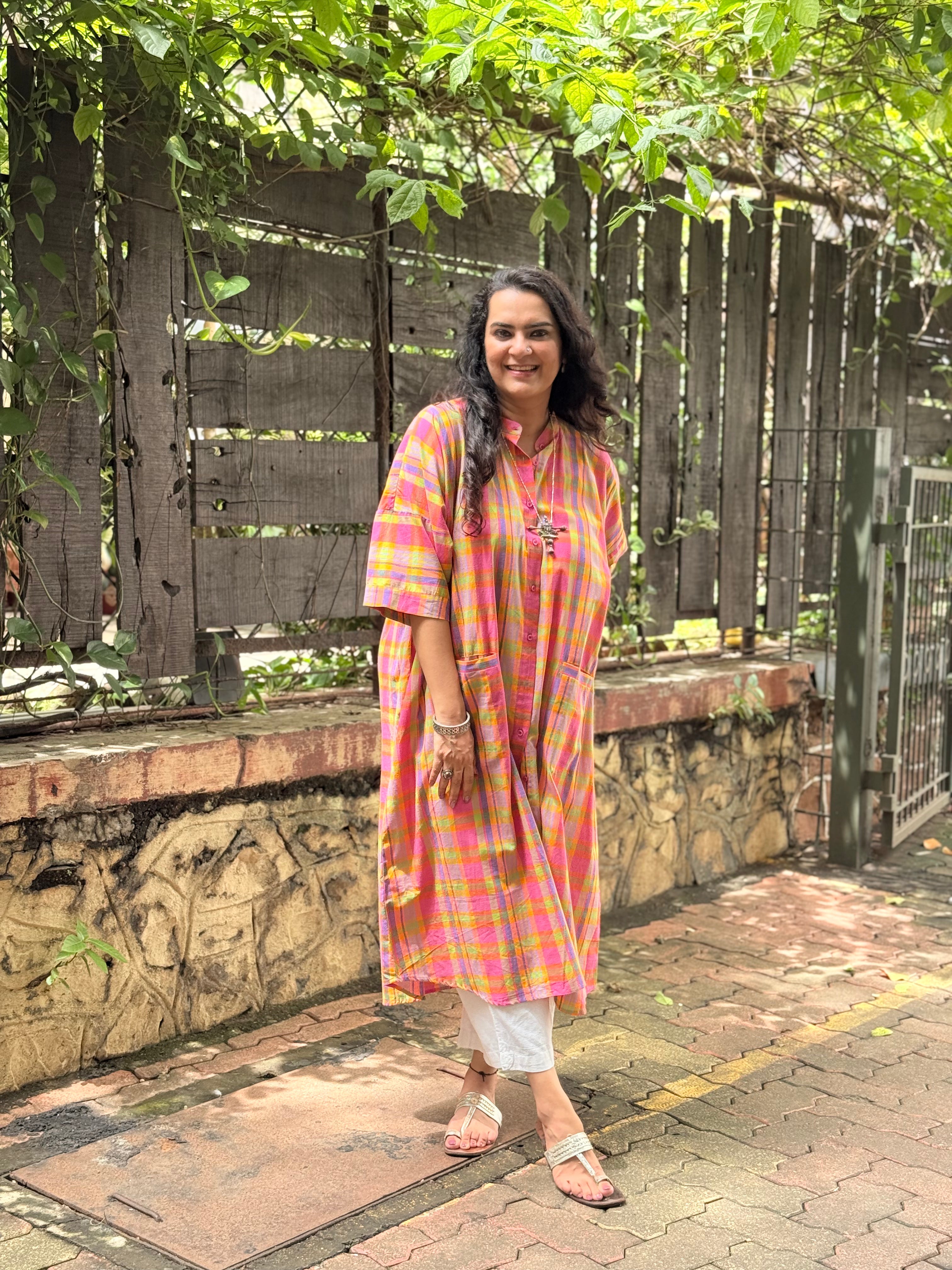 Madras Check Antifit Kurta - Pastel Neon