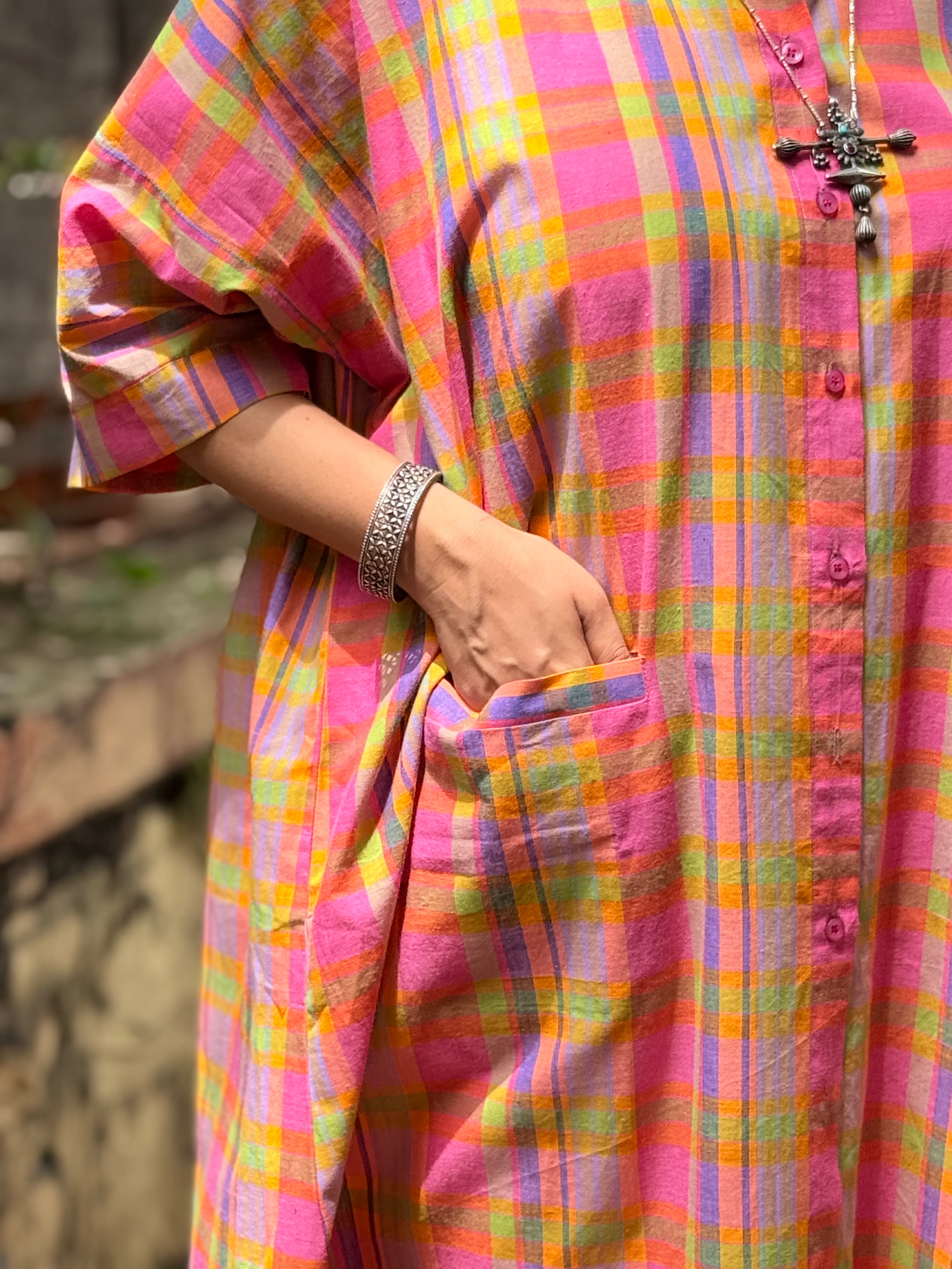 Madras Check Antifit Kurta - Pastel Neon