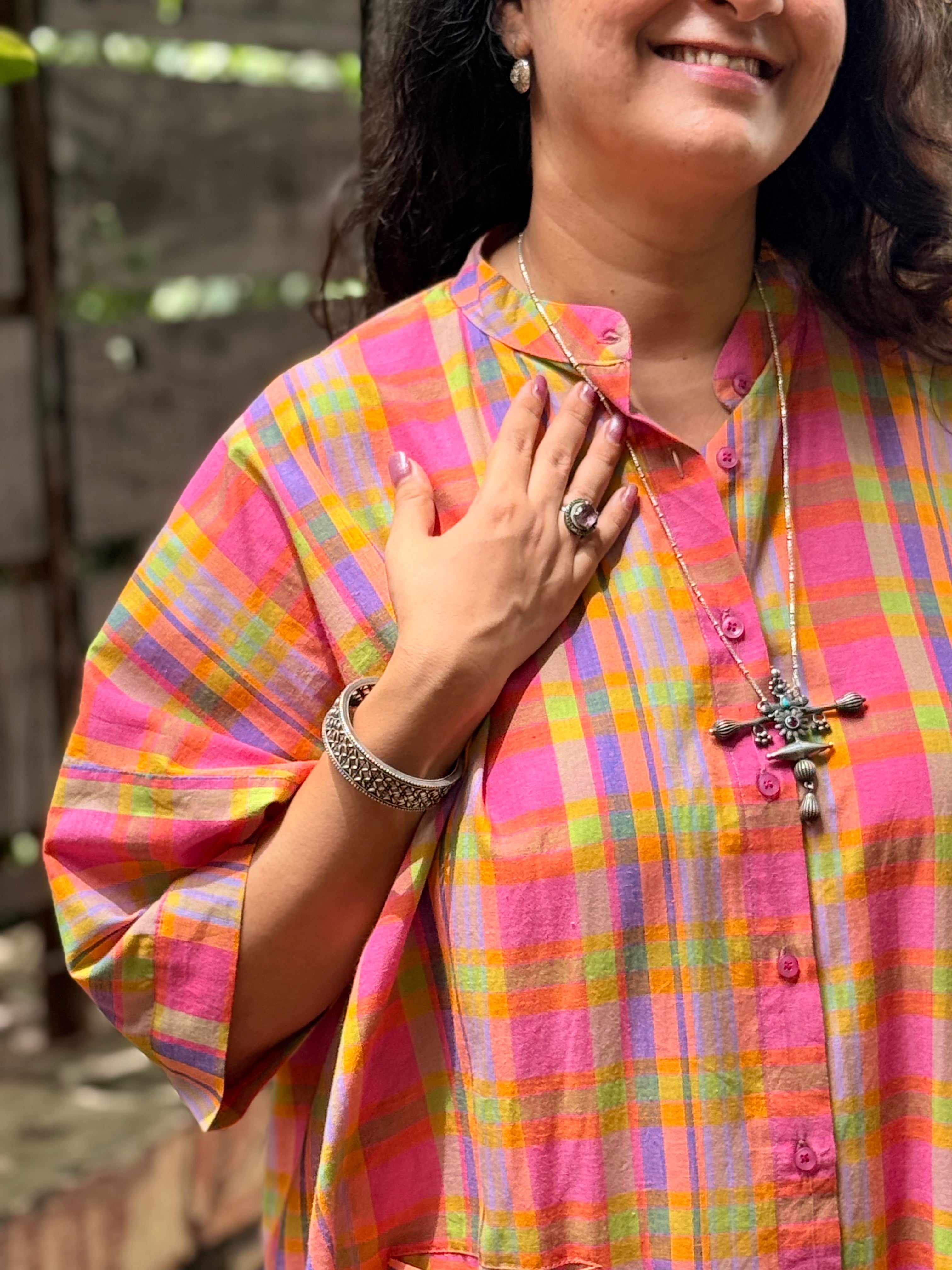 Madras Check Antifit Kurta - Pastel Neon