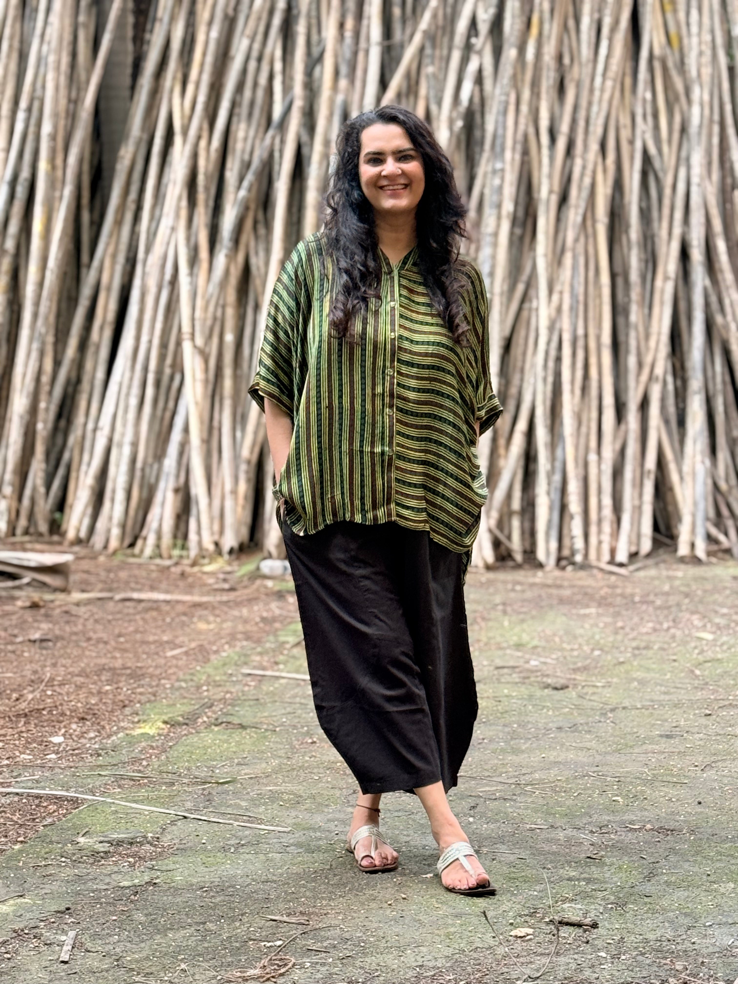 Ajrak Dot & Line Kaftan Shirt - Green