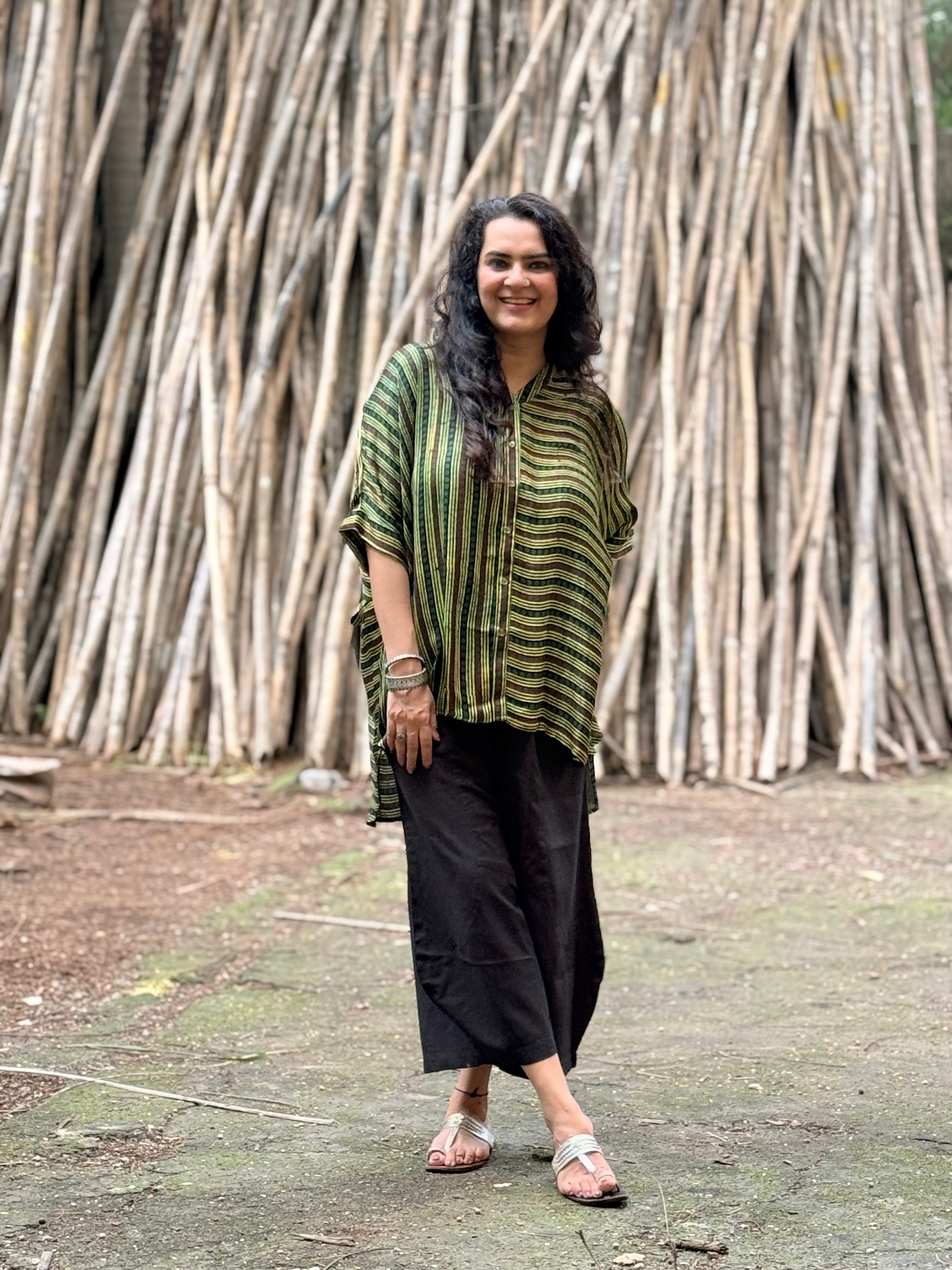 Ajrak Dot & Line Kaftan Shirt - Green
