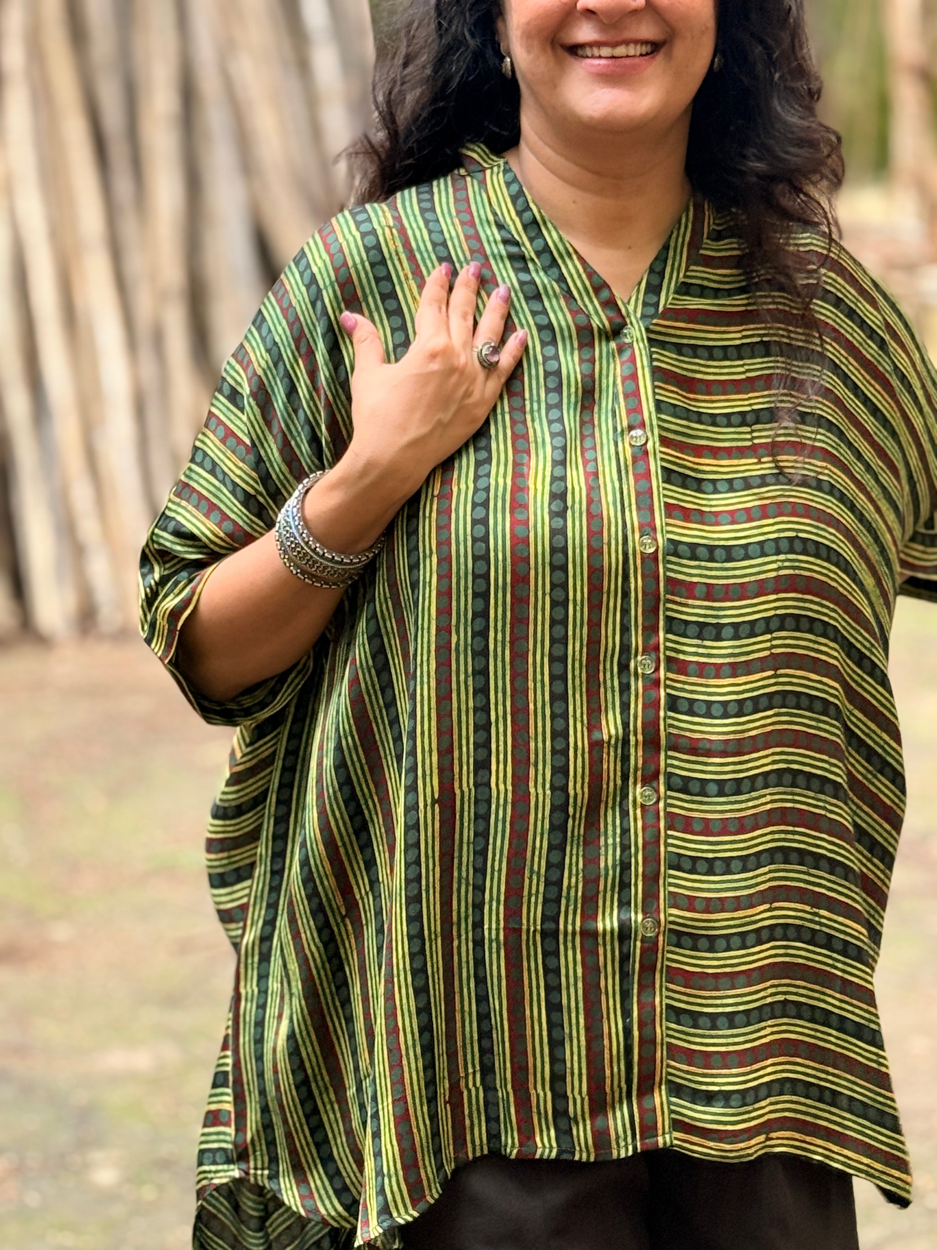 Ajrak Dot & Line Kaftan Shirt - Green