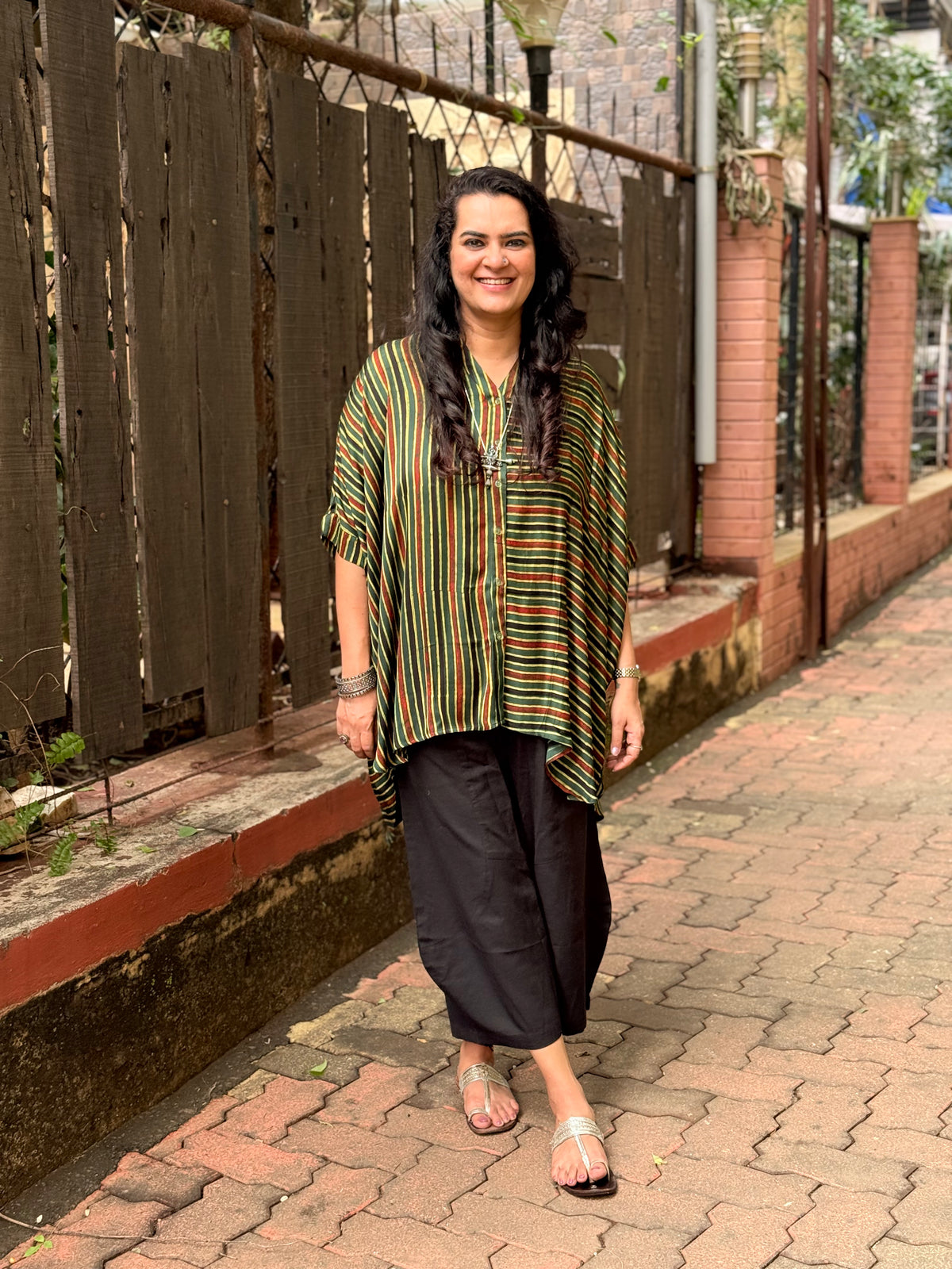 Ajrak Stripe Kaftan Shirt - Green