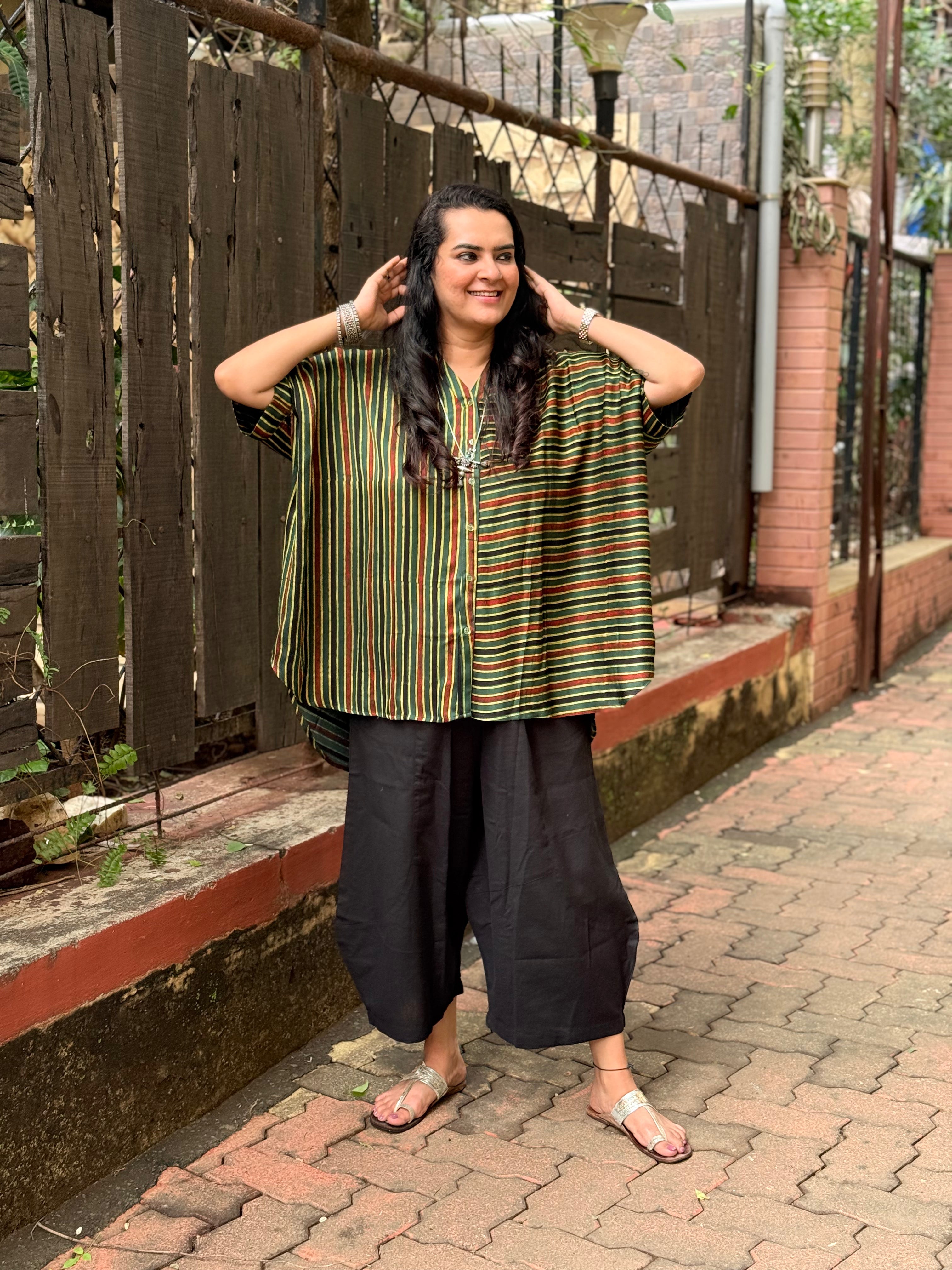 Ajrak Stripe Kaftan Shirt - Green