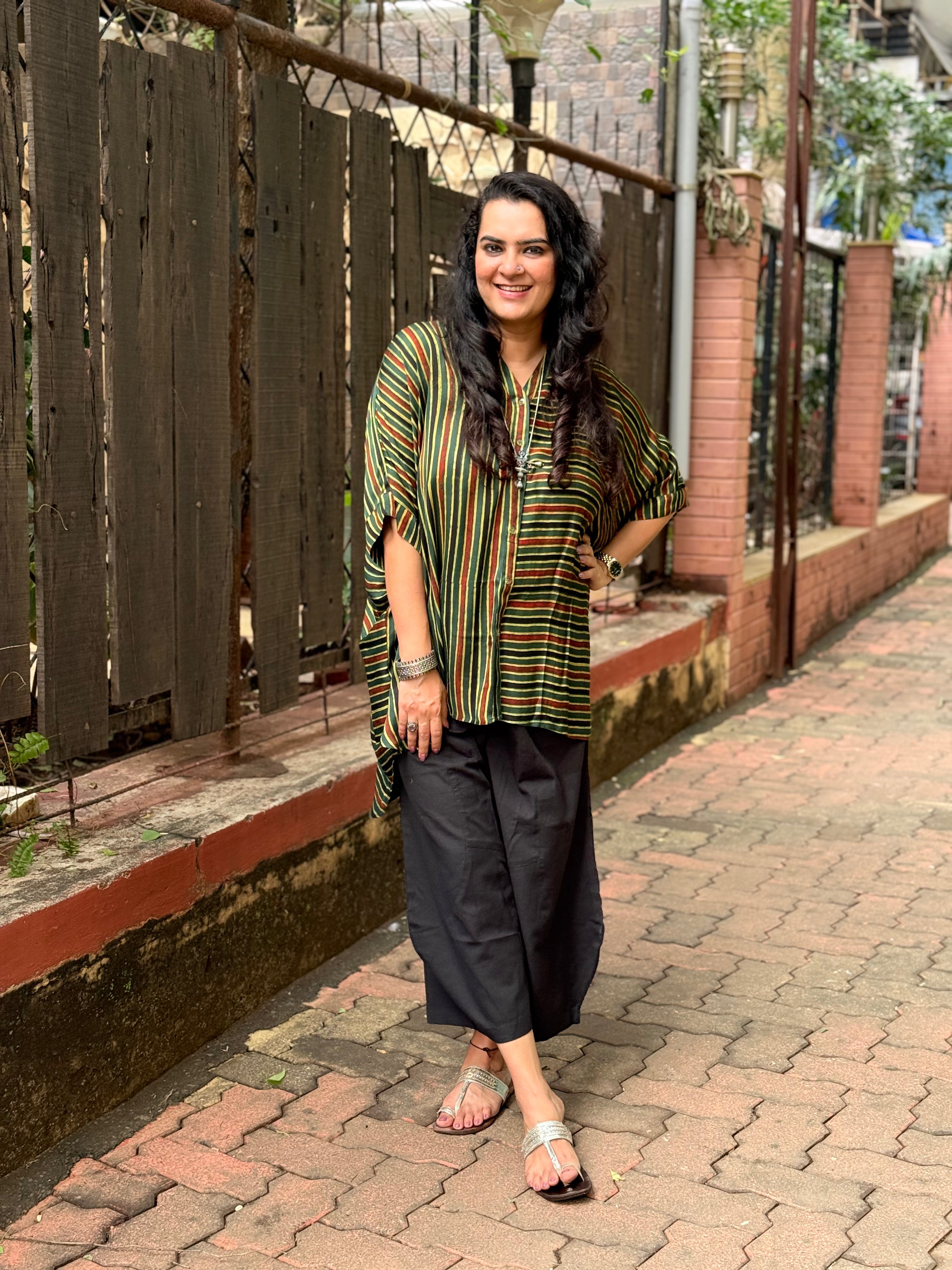 Ajrak Stripe Kaftan Shirt - Green
