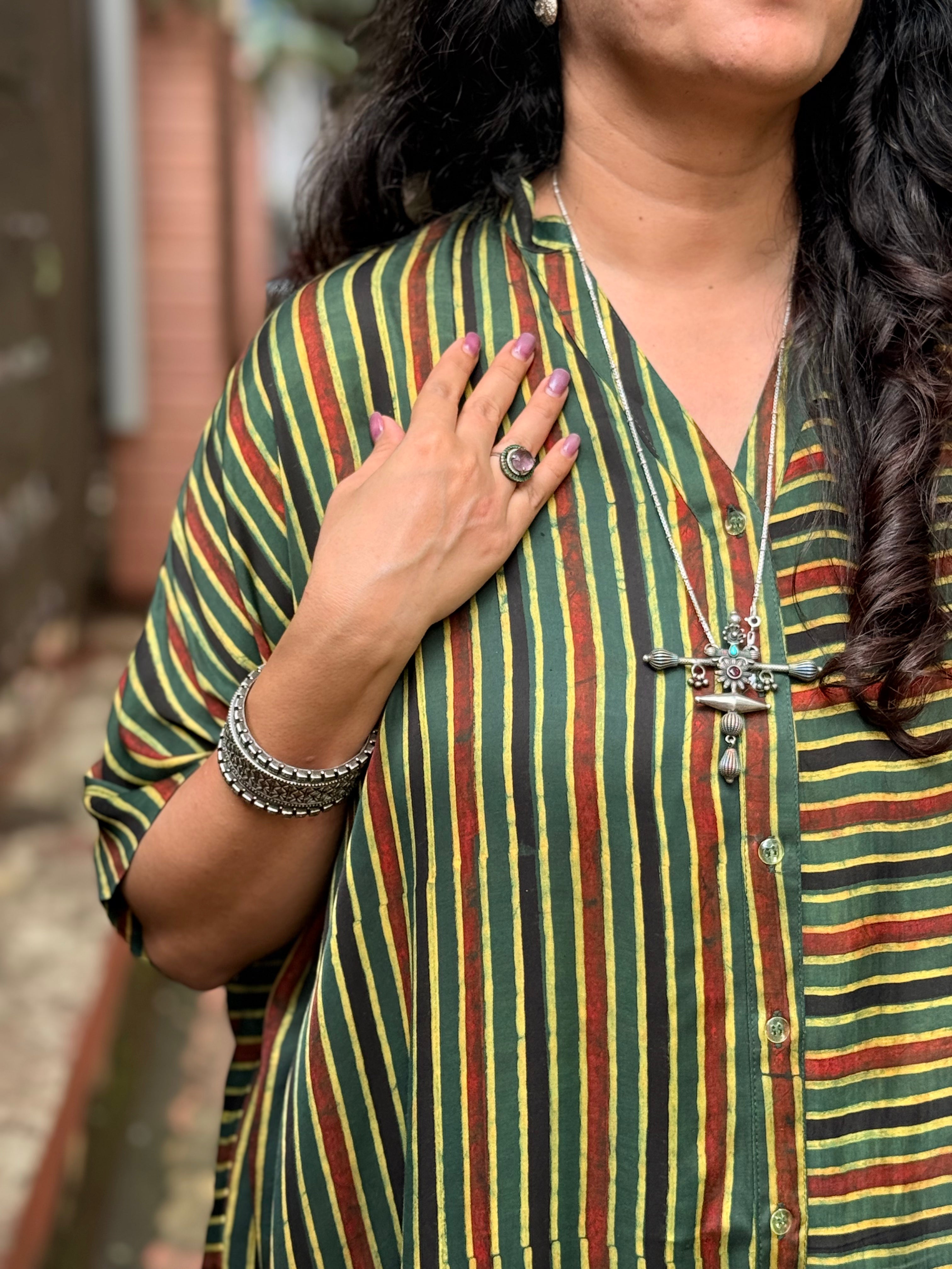 Ajrak Stripe Kaftan Shirt - Green