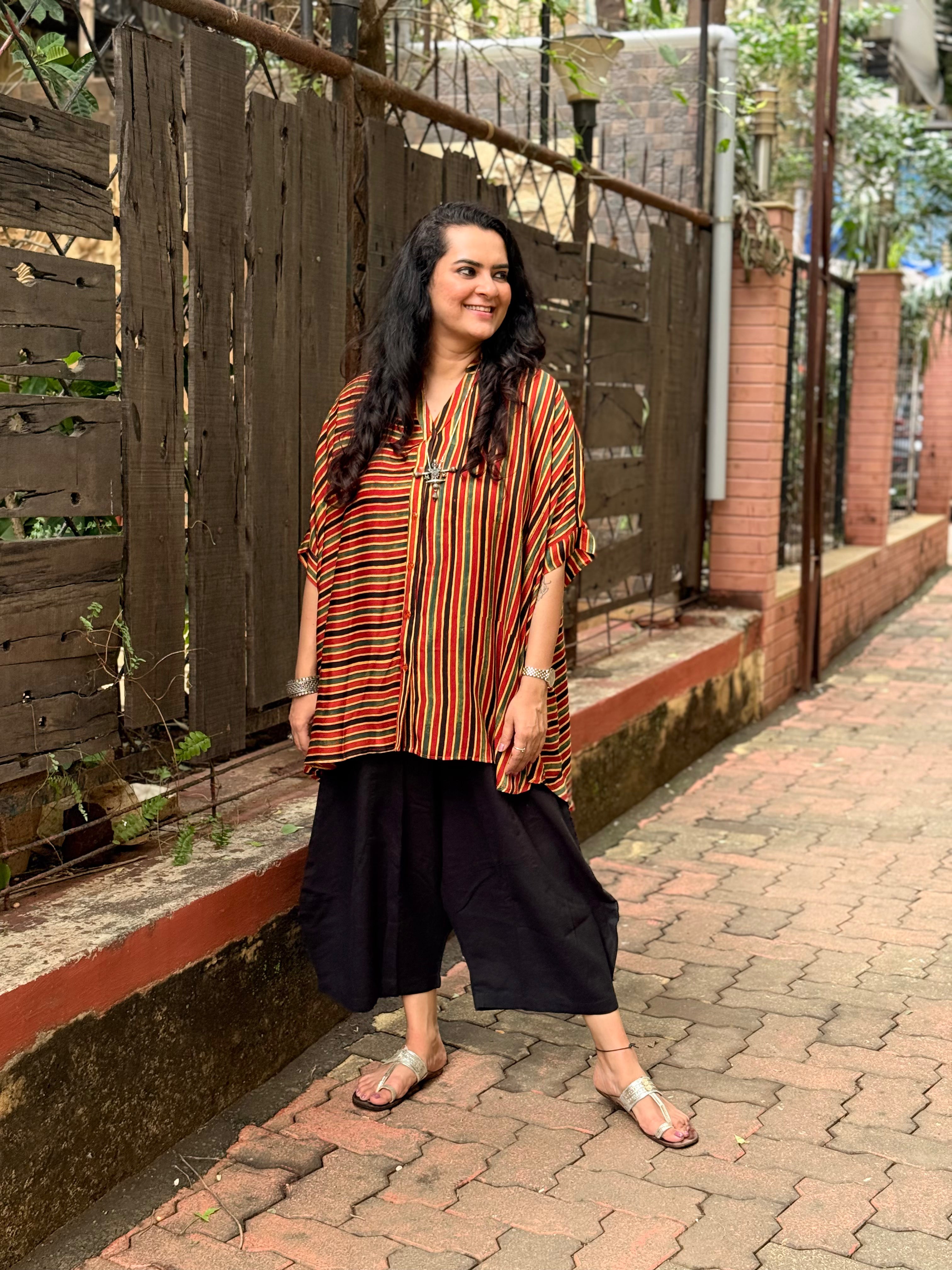 Ajrak Stripe Kaftan Shirt - Red